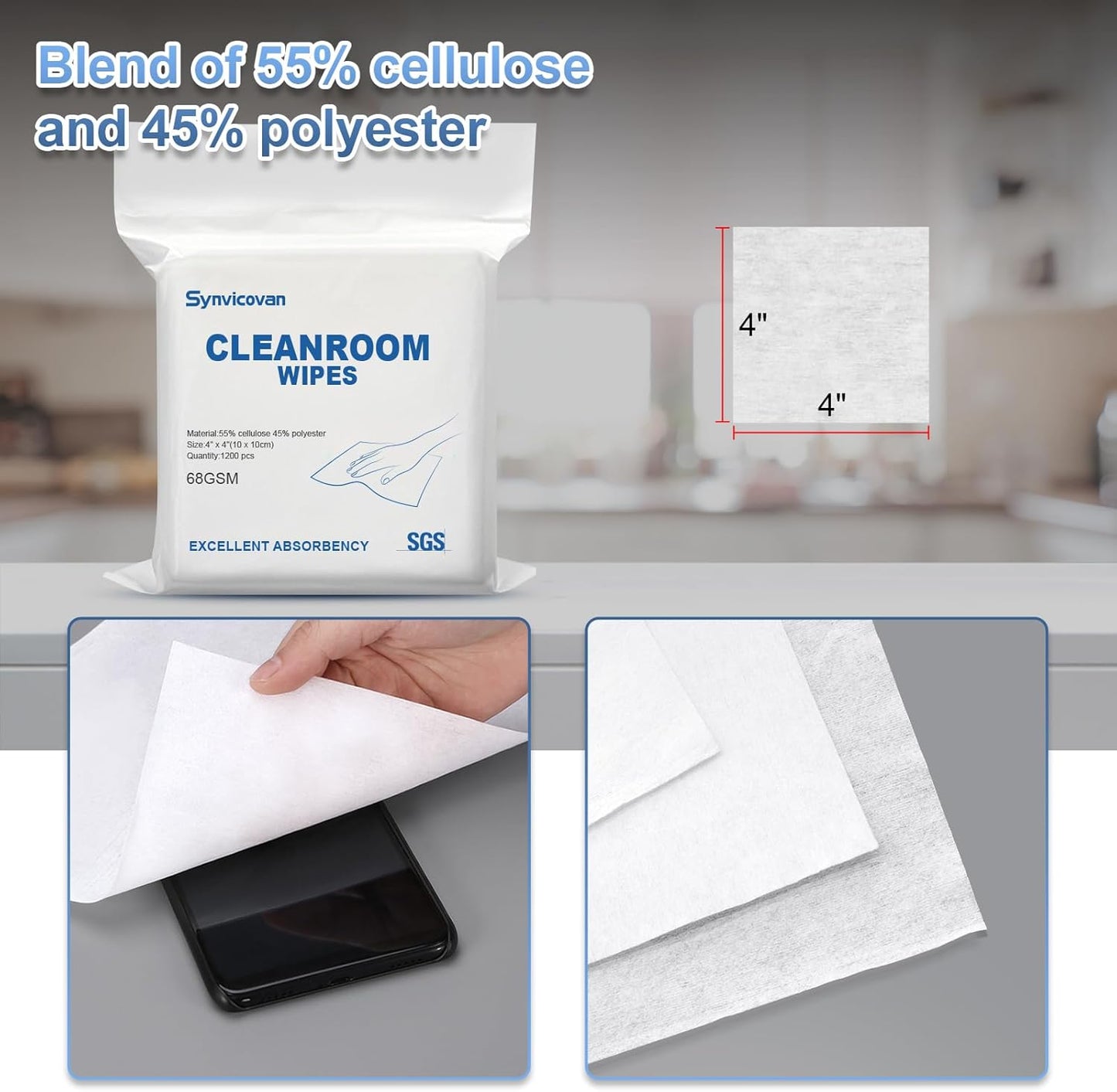 Cleanroom Wipes 4"x4" (1200 Pcs, Cellulose/Polyester Blend, Grade A, 68GSM) Lint Free Wipes for Laboratory, Electronics, Pharmaceutical,Printing,Automotives and Semiconductor Industries