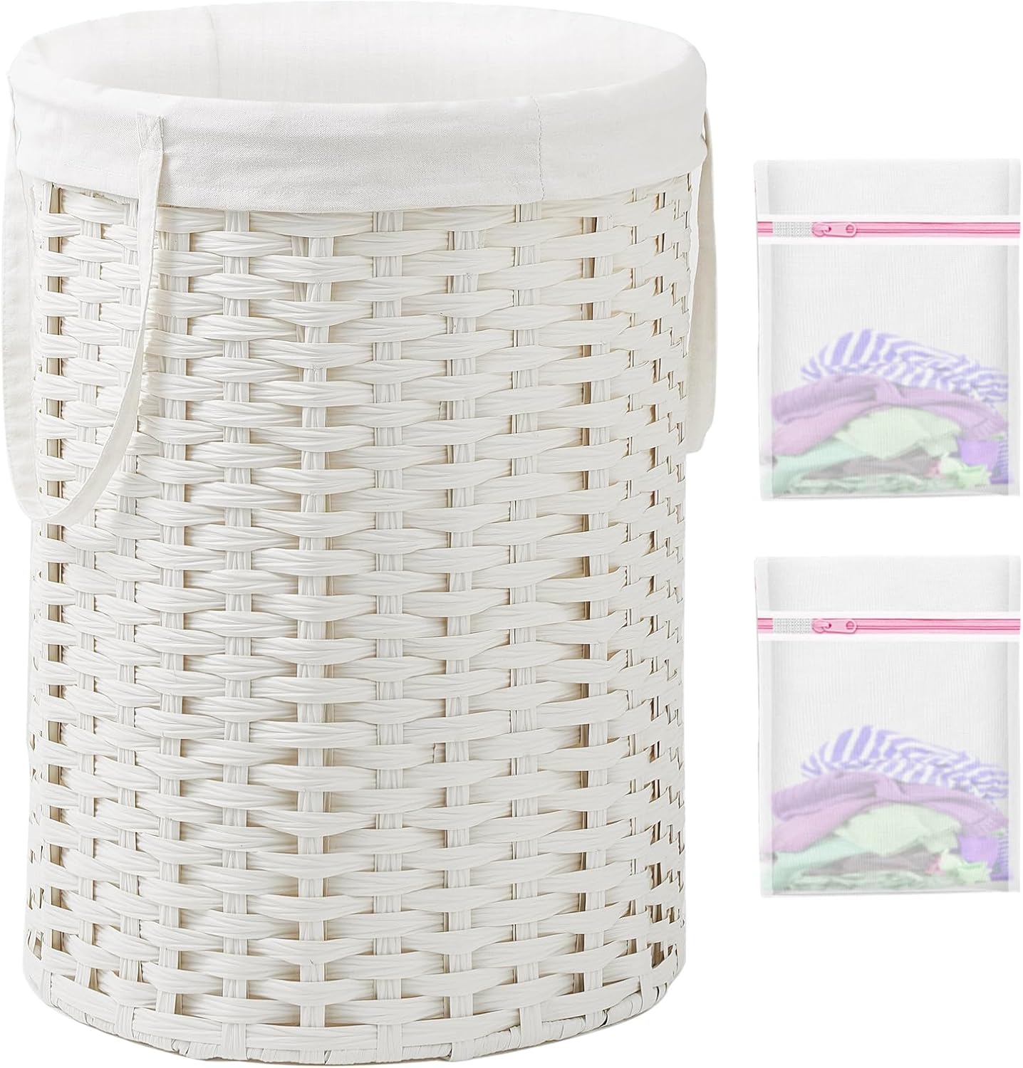 Laundry Basket Round Rattan Laundry Hamper 29.1 Gal (110 L) Handwoven Large Wicker Basket with Handles, Wicker Hamper with Removable Bags and 2 Mesh Bags for Bathroom Living Room White