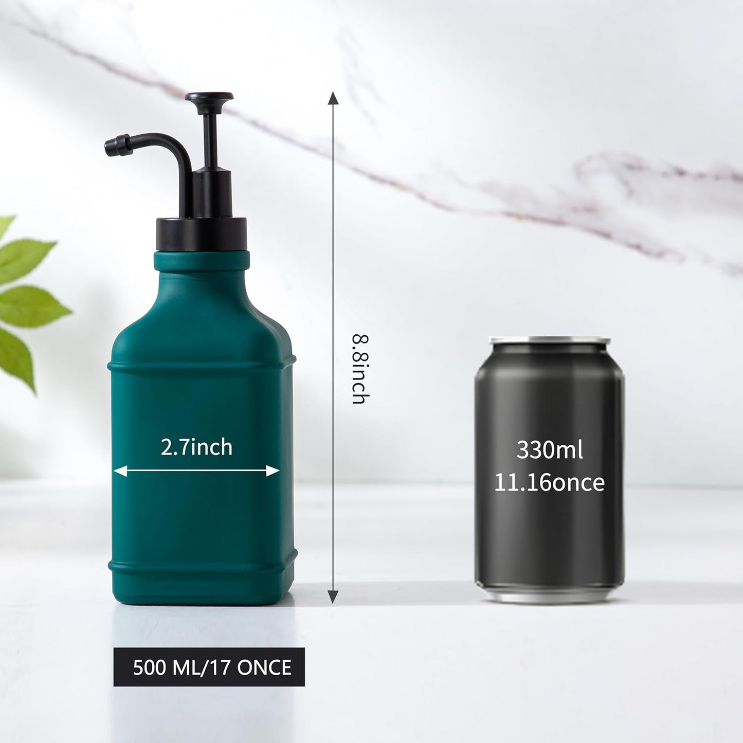 Enra Glass Soap Dispenser with Clear Window,12oz Matte Stainless Steel Hand Pump Dispenser,Hand and Liquid Soap Dispenser Rust Proof Countertop Lotion Bottle (Green-Square-Liquid)