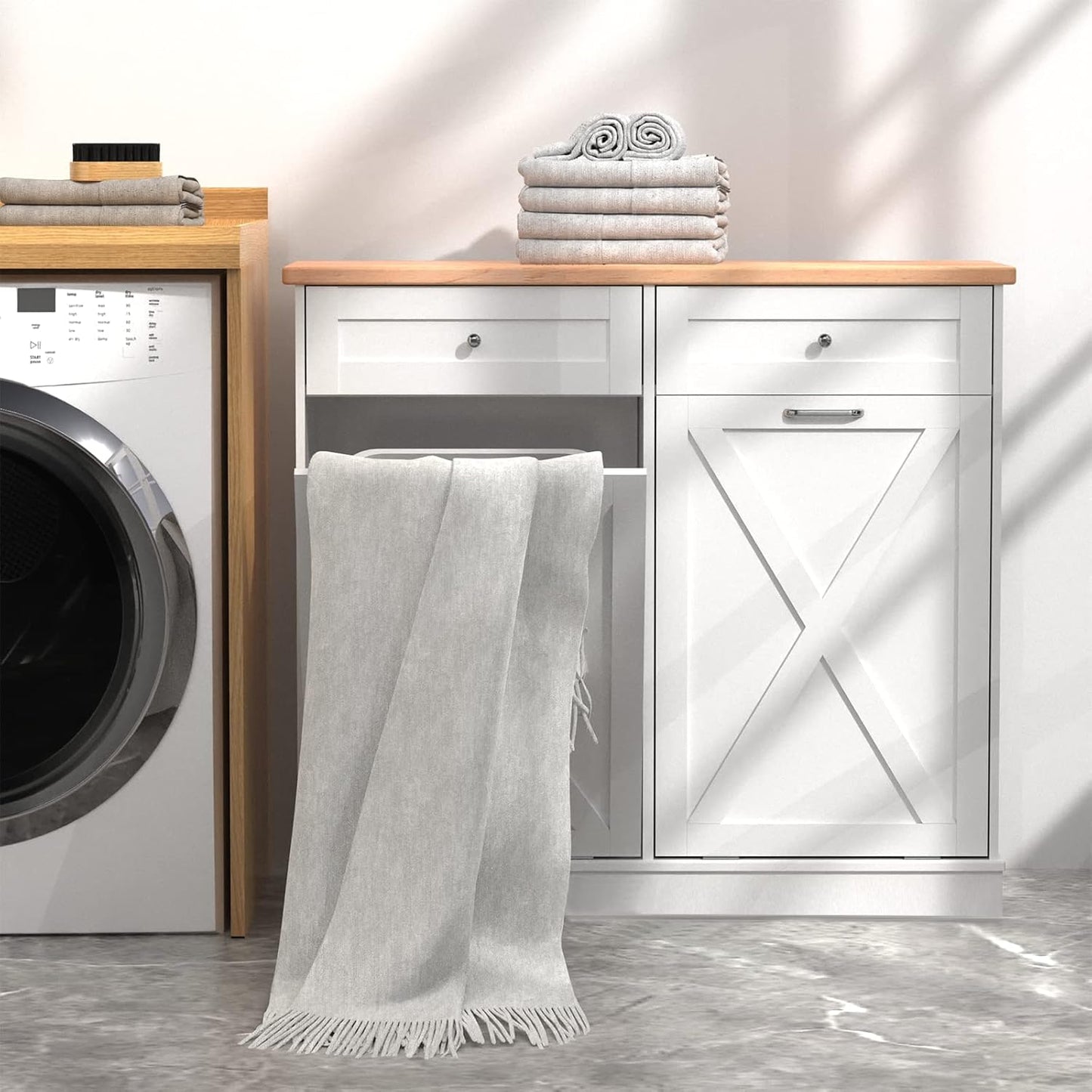 Betterhood Double Tilt Out Trash Cabinet Can Bin Kitchen 20 Gallon Wooden Free Standing Laundry Sorter,Recycling Cabinet with Hideaway Drawer, (White)