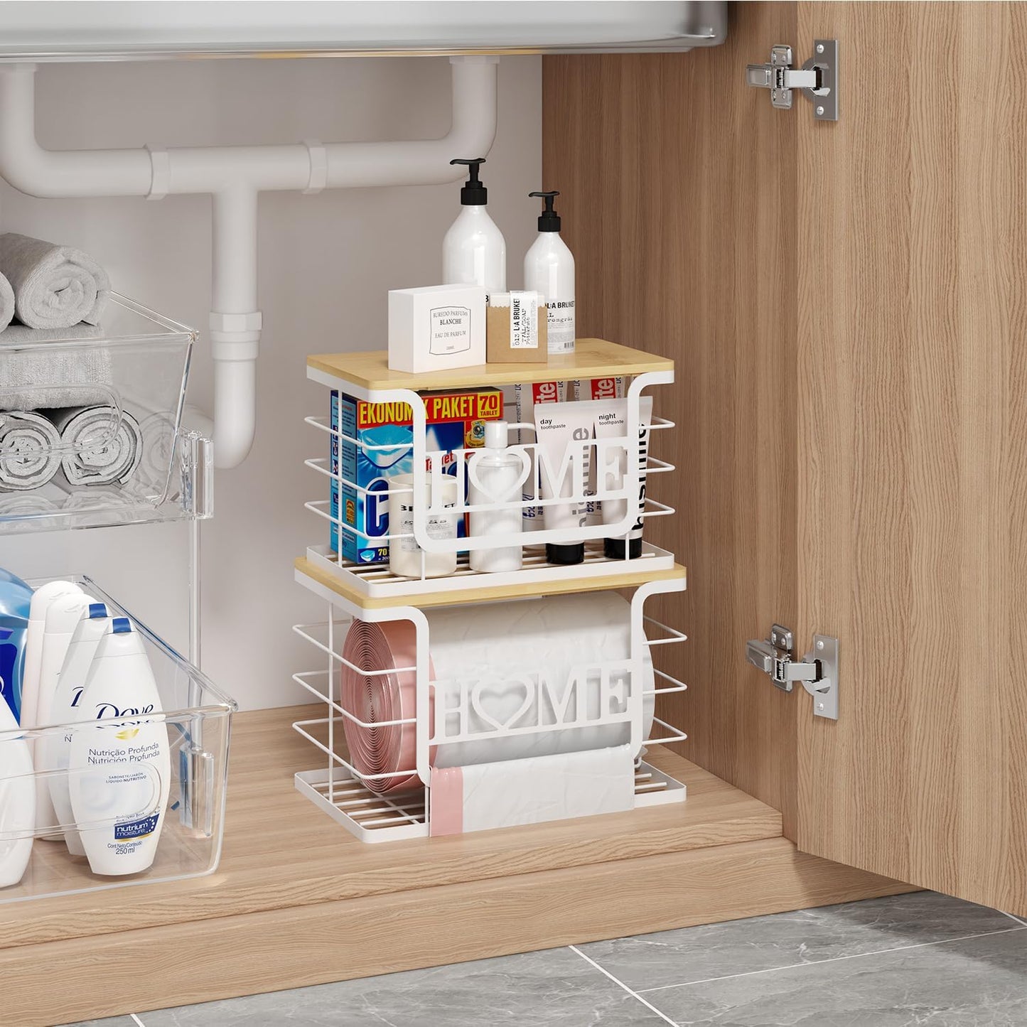 Trash Bag Holder, Thipoten Trash Bags Dispenser with Bamboo Top, Suitable for Garbage Bags Purchased Online or Supermarket, Perfect Storage Organizers for Cabinet, Under Sink (White, Large)