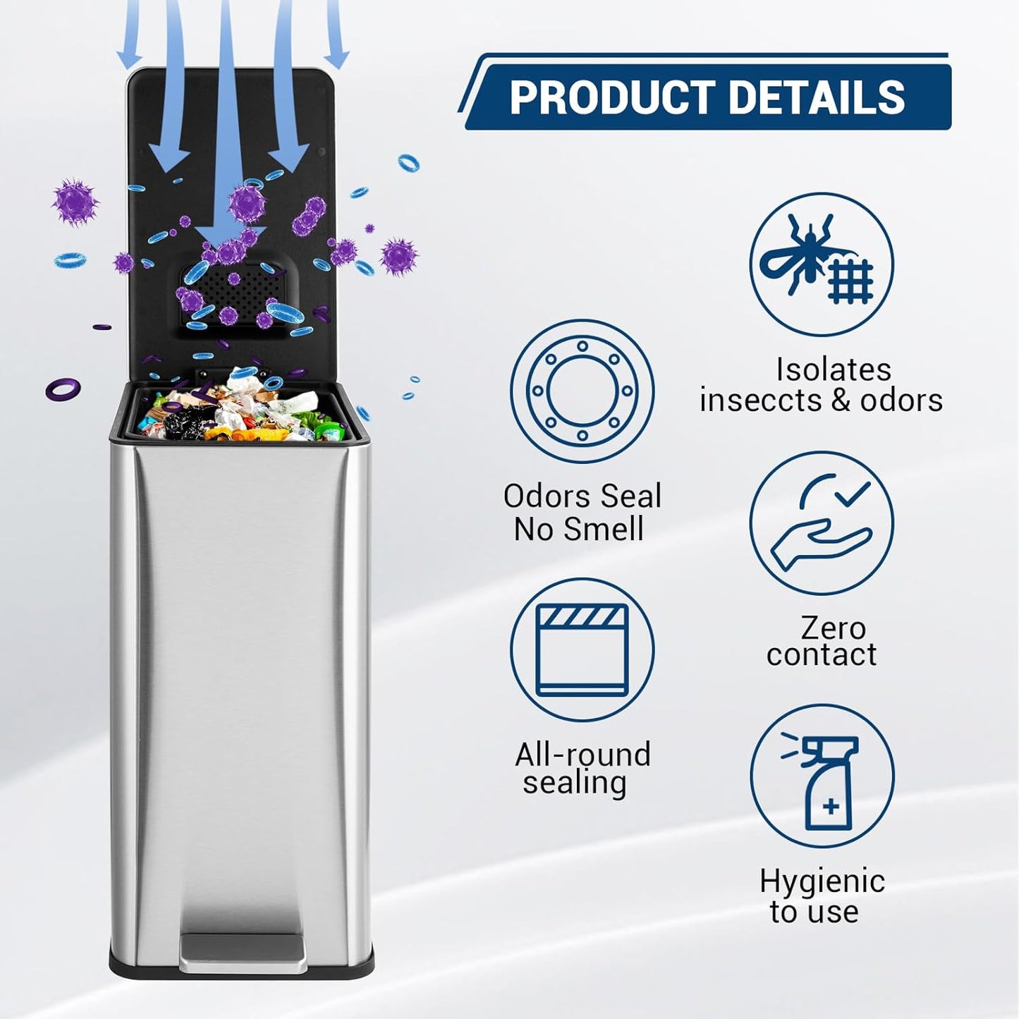 GarveeHome 4 Gallon Step Trash Can, 15 Liter Stainless Steel Rubbish Bin with Removable Inner Bucket, Rectangle Slim Garbage Can with Soft-Close Lid for Bathroom, Living Room, Office, Silver