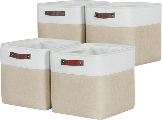 Univivi 12x12 Storage Cube Bins set of 4 Cube Organizer with Handles|Hard Bottom Fabric Closet Storage Organizer Baskets for Shelves (Khaki)