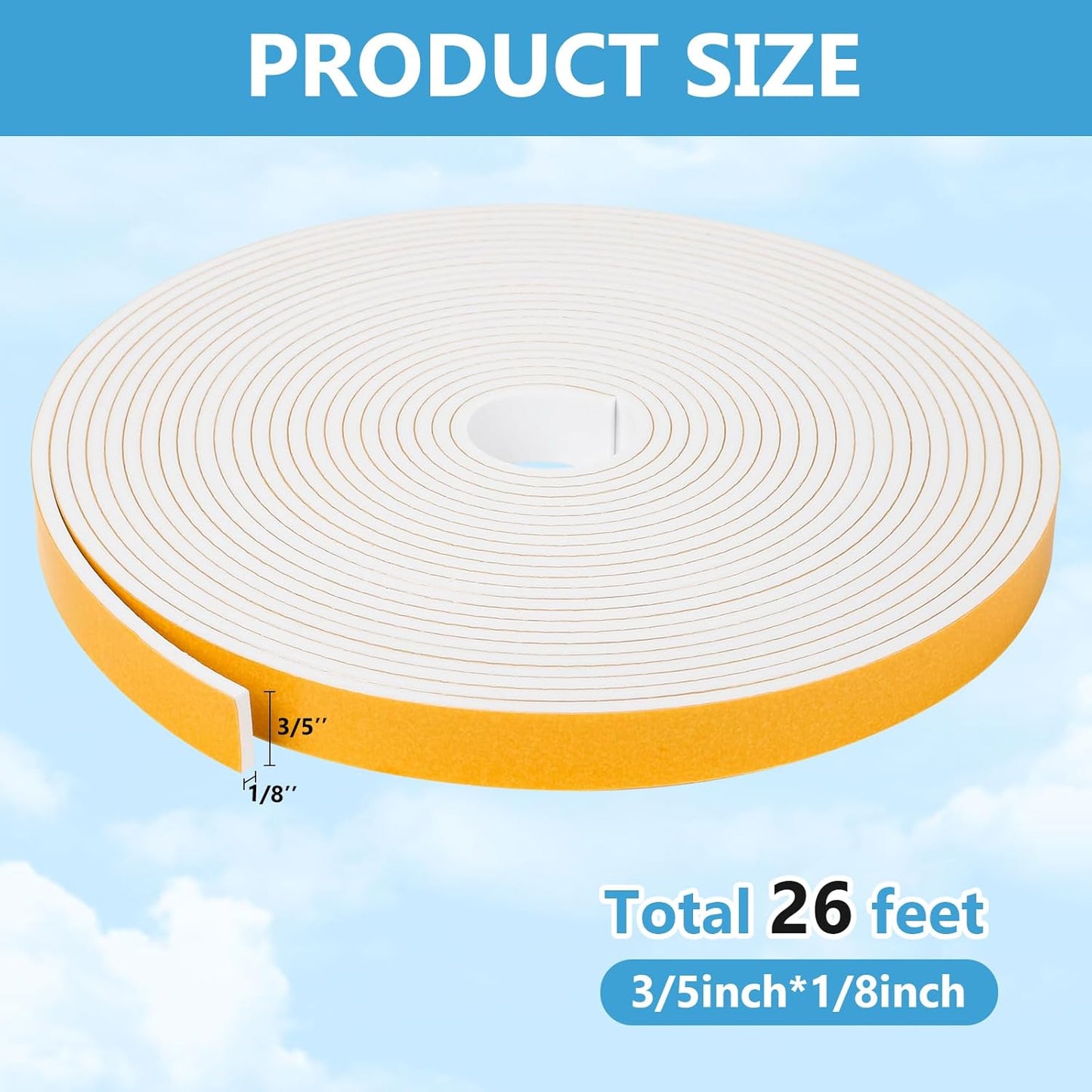 Weather Stripping Door Seal Strip (3/5 Inch X 1/8 Inch X 26Feet), Strong Adhesive, Lightproof, Soundproof, Weatherproof Foam Tape Insulation for Sliding Door, Front Door Frame, Windows- White