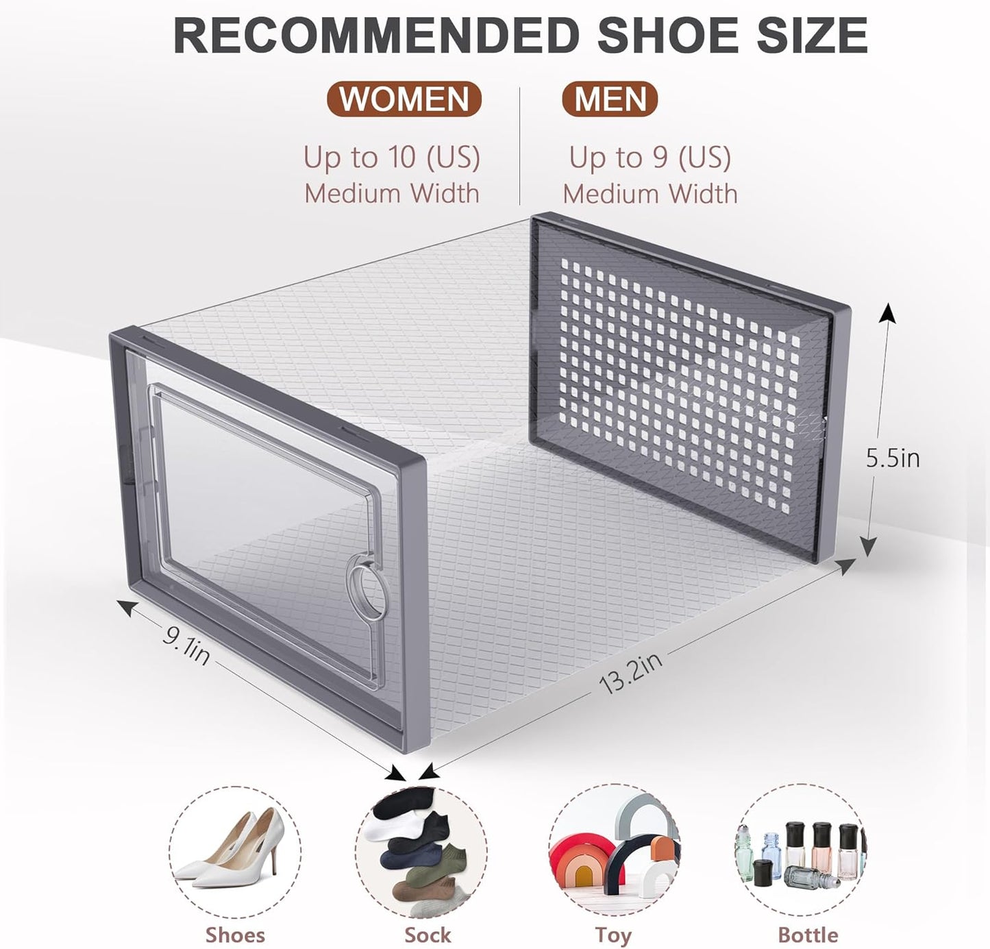 Kuject Large Shoe Organizers Storage Boxes for Closet, 12 Pack Clear Plastic Stackable Storage Bins with Lids, Under Bed Shoe Containers for Entryway, Drop Front, Fit up to Women's Size 10,Dark Gray