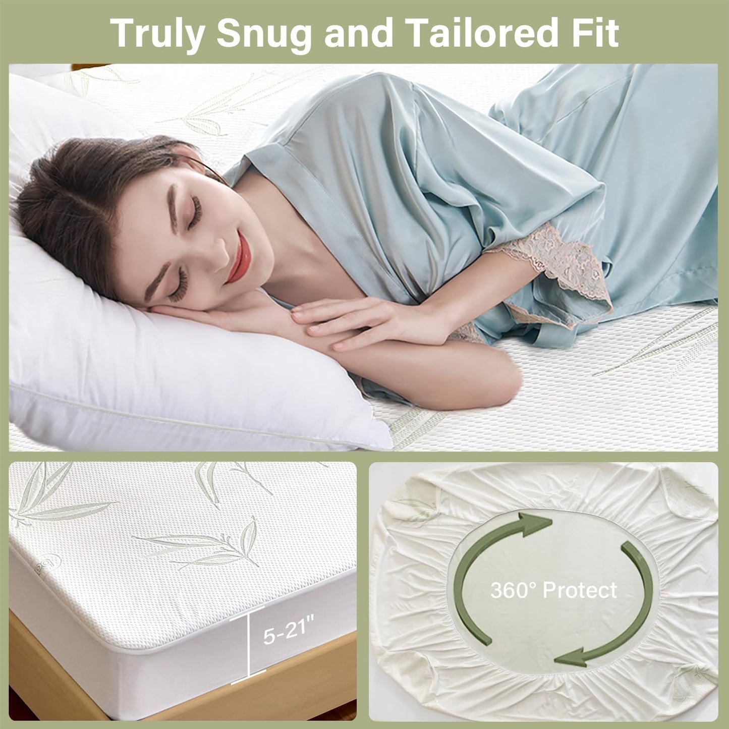 King Mattress Protector Waterproof Mattress Pad Washable Bamboo Rayon Mattress Cover Breathable Noiseless Bed Protector 5" - 21'' Elastic Fitted Deep Pocket