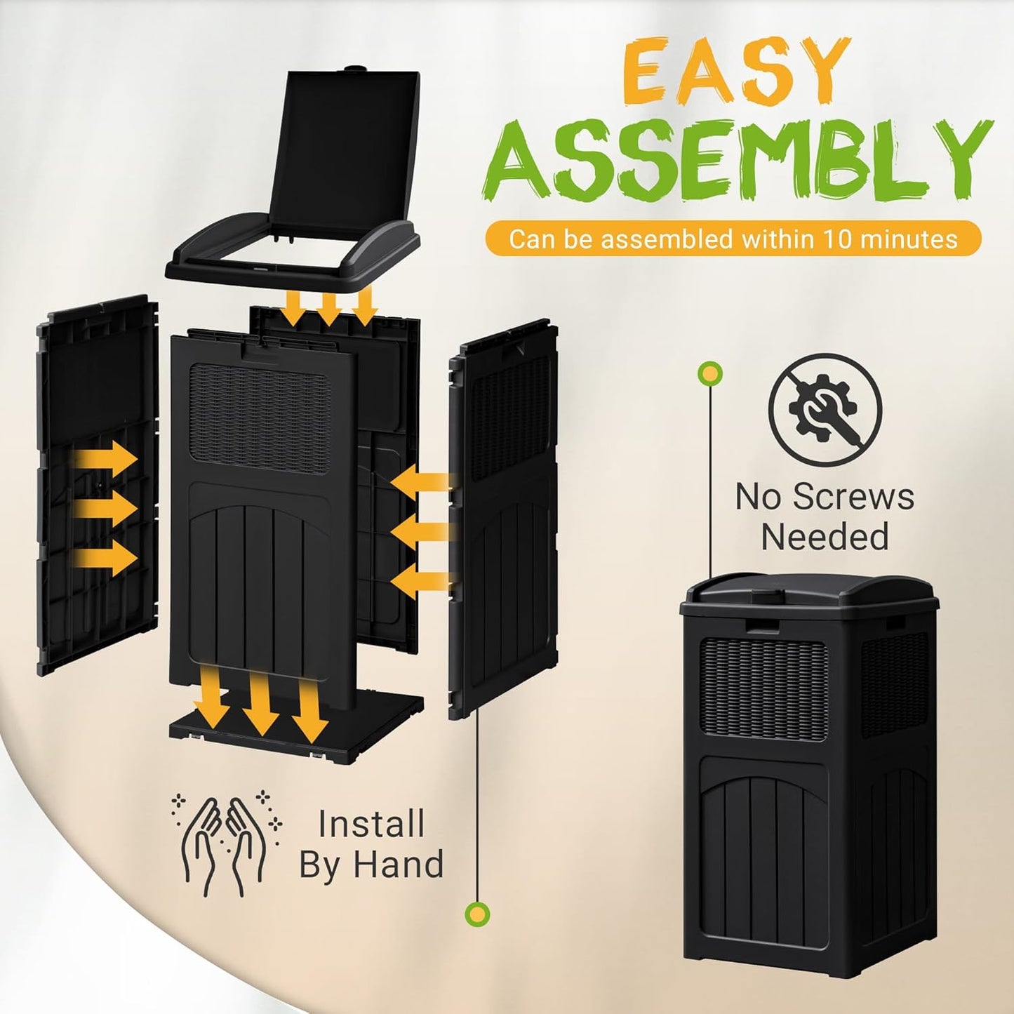 YESHOMY 4 Pack Outdoor Trash Can with Lid, Garbage Bins for Garden, Porch, Home and Kitchen, Black