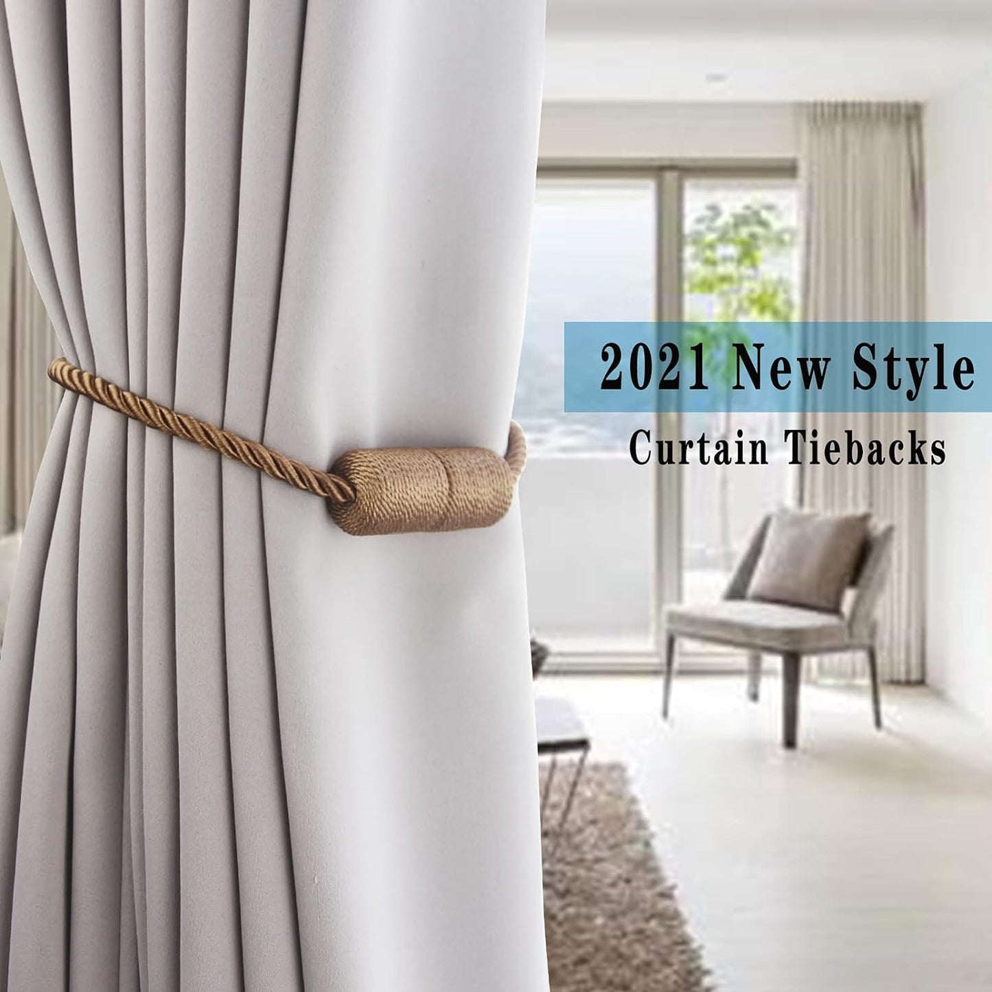 2 Pack Strong Magnetic Curtain Tiebacks Outdoor Elegant Decorative Tie Backs Modern Rope Tiebacks for Drapes Window Curtain Holdbacks for Draperies- Khaki