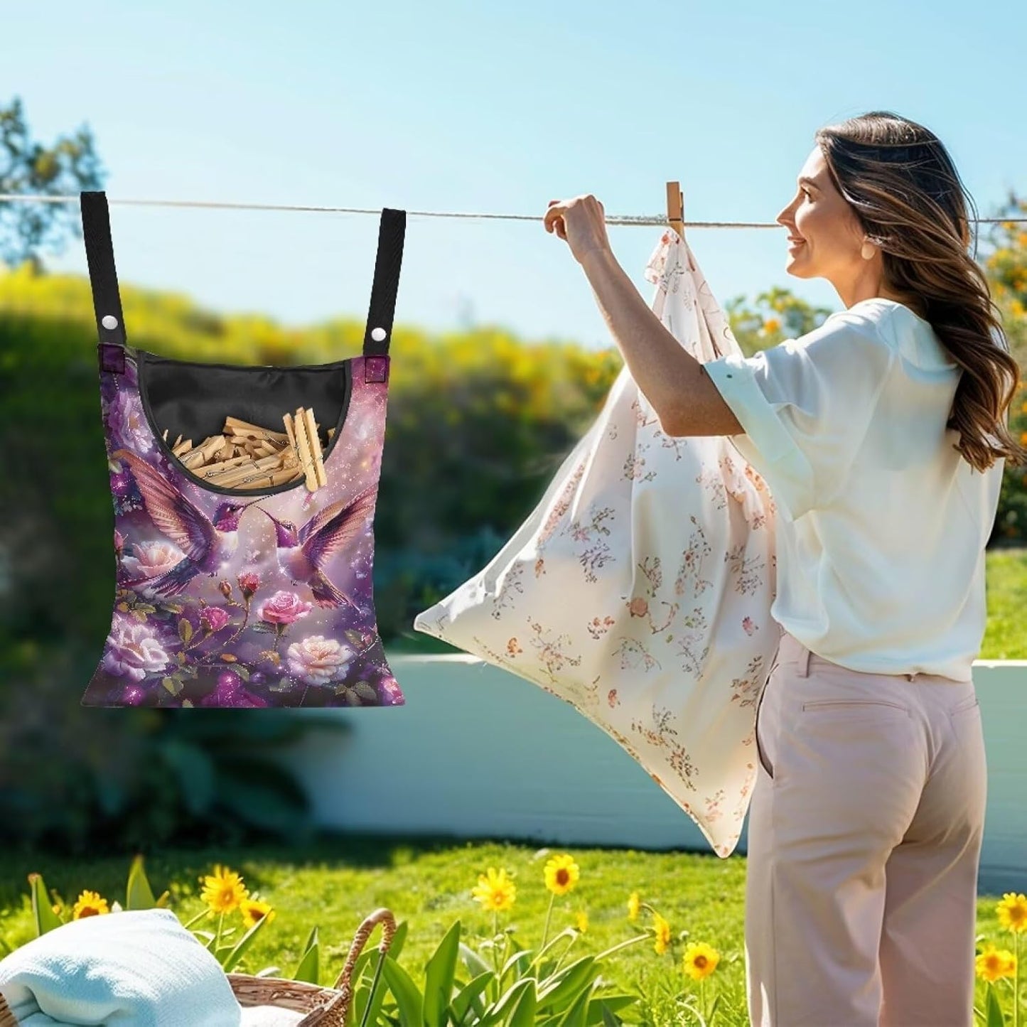 Purple Flower Hummingbird Clothespin Bag with Hanging Hook Summer Laundry Clothes Pin Holder Waterproof Clothes Pin Hanging Bag Clothespin Storage Organizer for Indoor and Outdoor