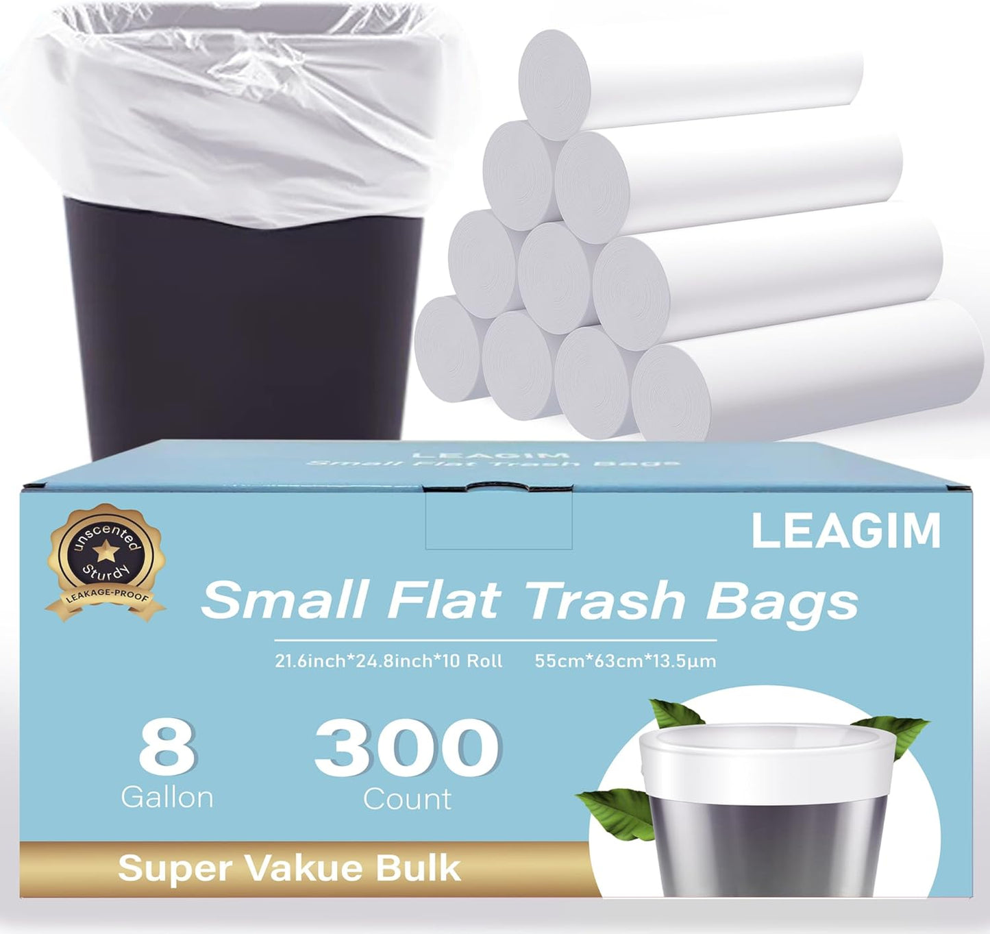 300 Count 8 Gallon Trash Bags, 13 Micron Extra Thick Medium Garbage Bags, 7-9 Gallon Unscented White Wastebasket Can Liners for Bathroom Kitchen Home Office