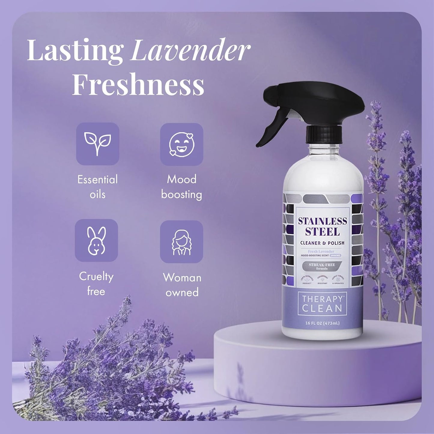 Therapy Stainless Steel Cleaner and Polish 100% USDA Biobased, Fingerprint and Residue Remover, Lavender Essential Oil Scent, Sink Cleaner, Grill Spray