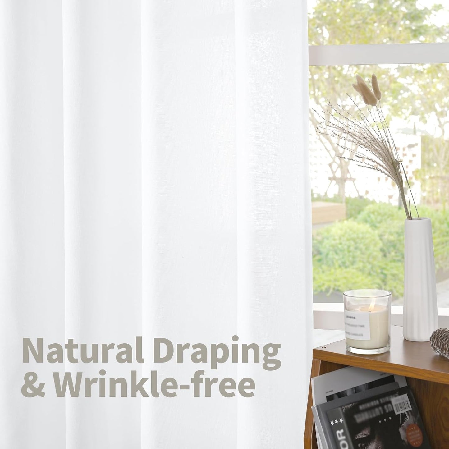 YoungsTex White Linen Curtains 80 Inch Length for Living Room, Light Filtering Semi Sheer Window Drapes Rod Pocket Back Tab Curtain for Bedroom Office Rustic Privacy, 2 Panels, 52 X 80 Inch