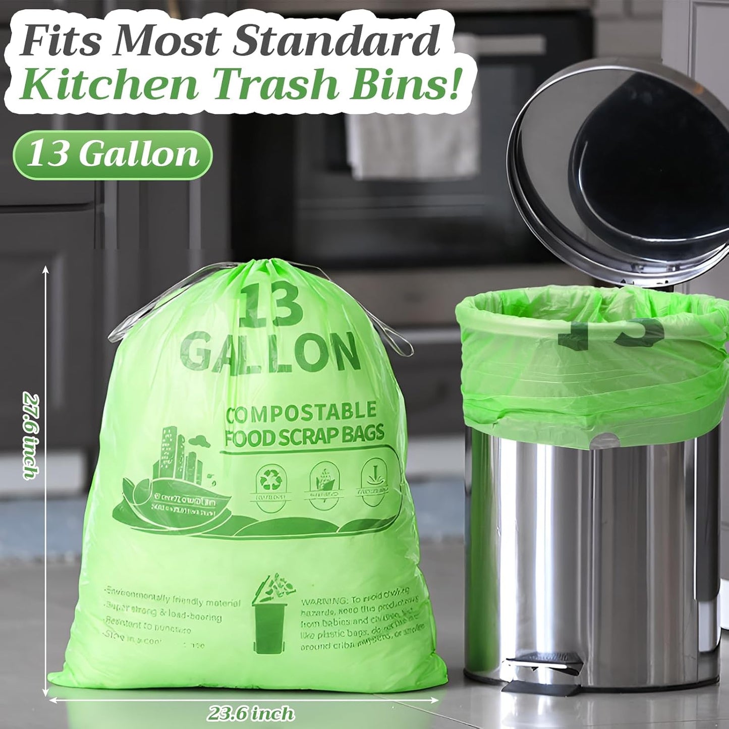 Amyhill 50 Count Compostable Kitchen Trash Bags 13 Gallon Compostable Drawstring Kitchen Waste Garbage Bags 49.2 Liter, 1.575 Mil for Bathroom Home Bedroom Office Garbage