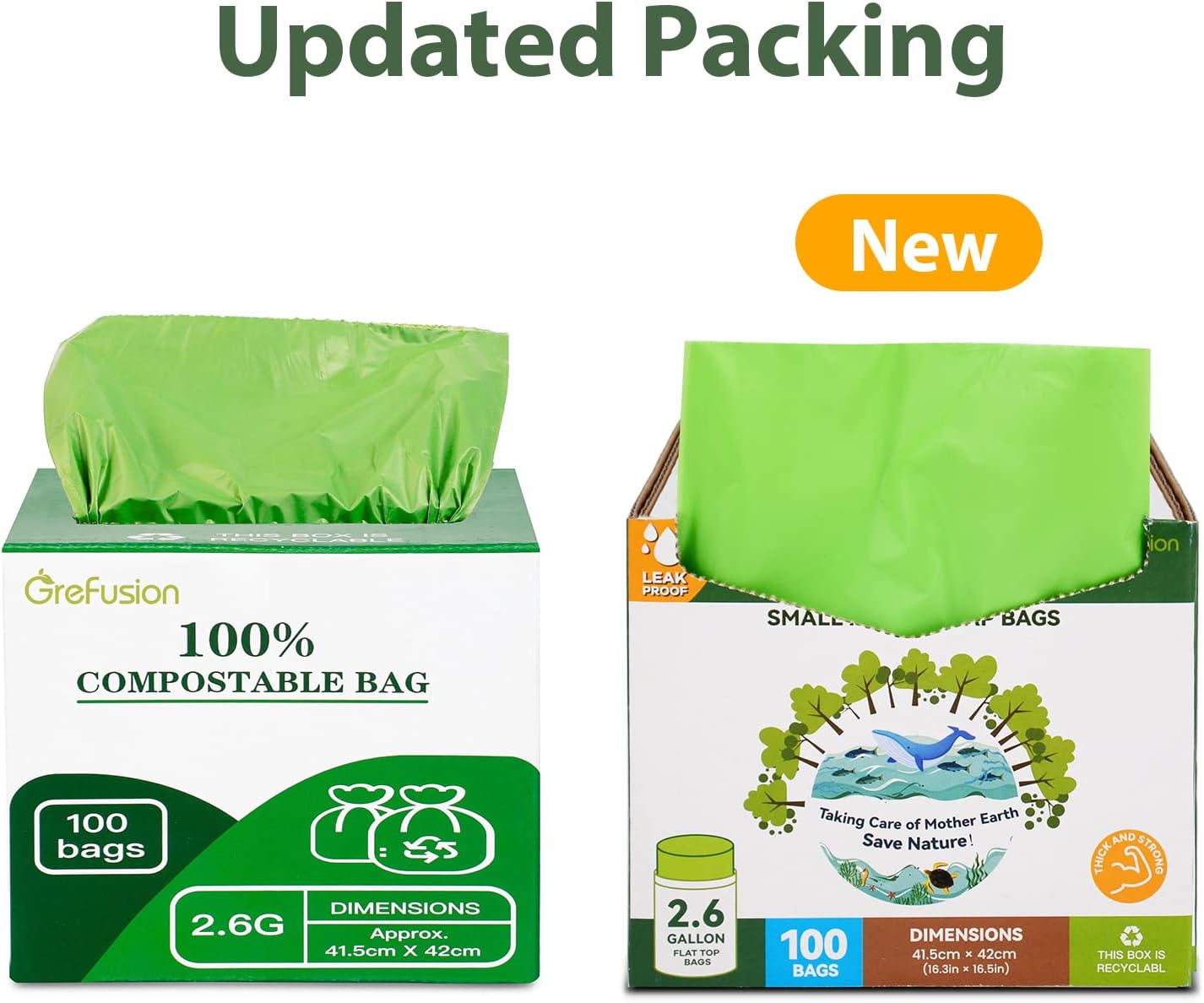 GreFusion 2.6 Gallon Compostable Trash Bags, 100 Count, Extra Thick 0.71 Mil, Certified by BPI and ASTM D6400, Perfect Fit for Small Trash Cans