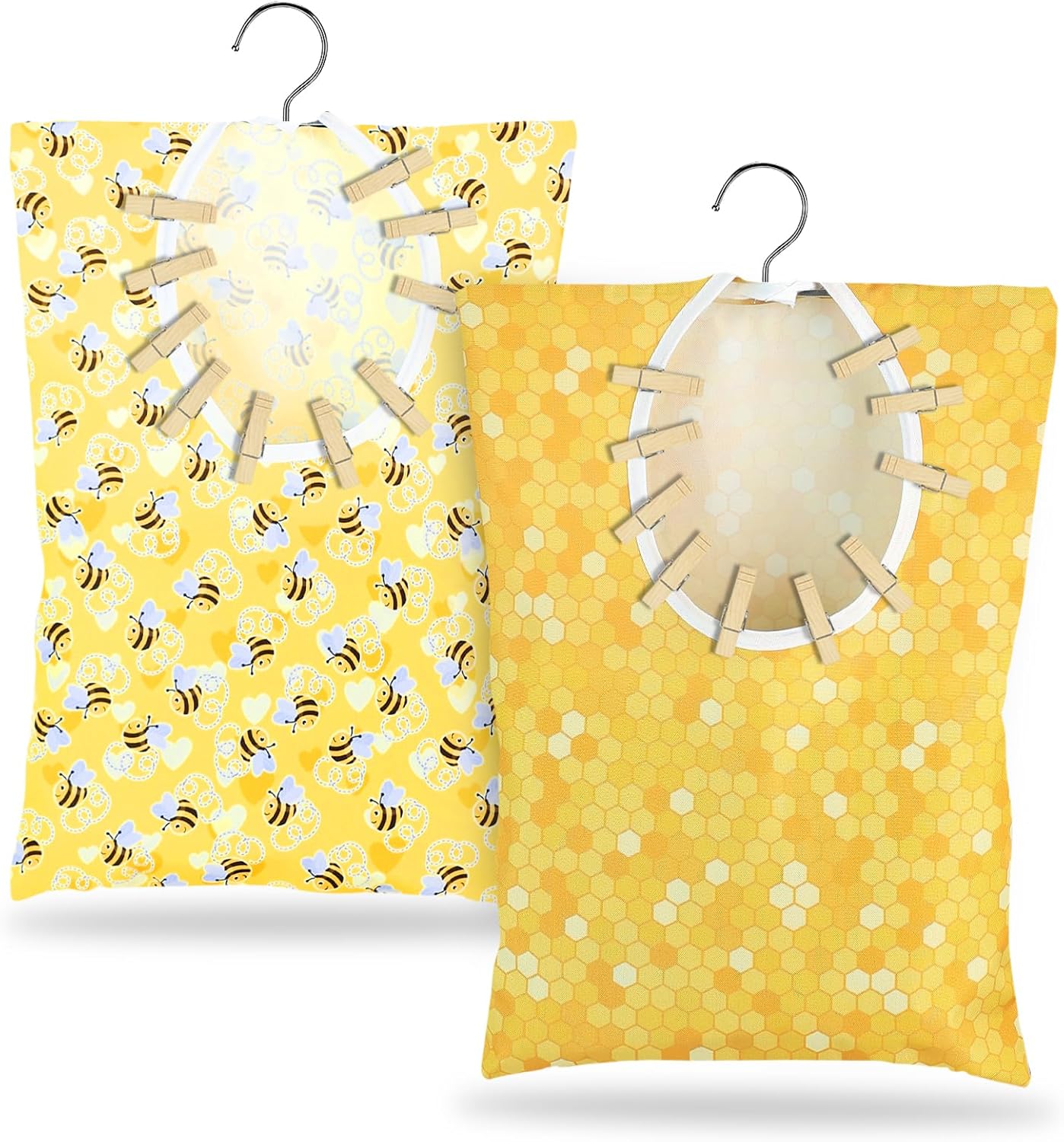 Bee Honeycomb Clothespin Holder - 2 Pcs Bee Clothes Pin Bags - 15 X 11 Inch - Clothes Hanging Bag for Laundry Room & Outdoor Use