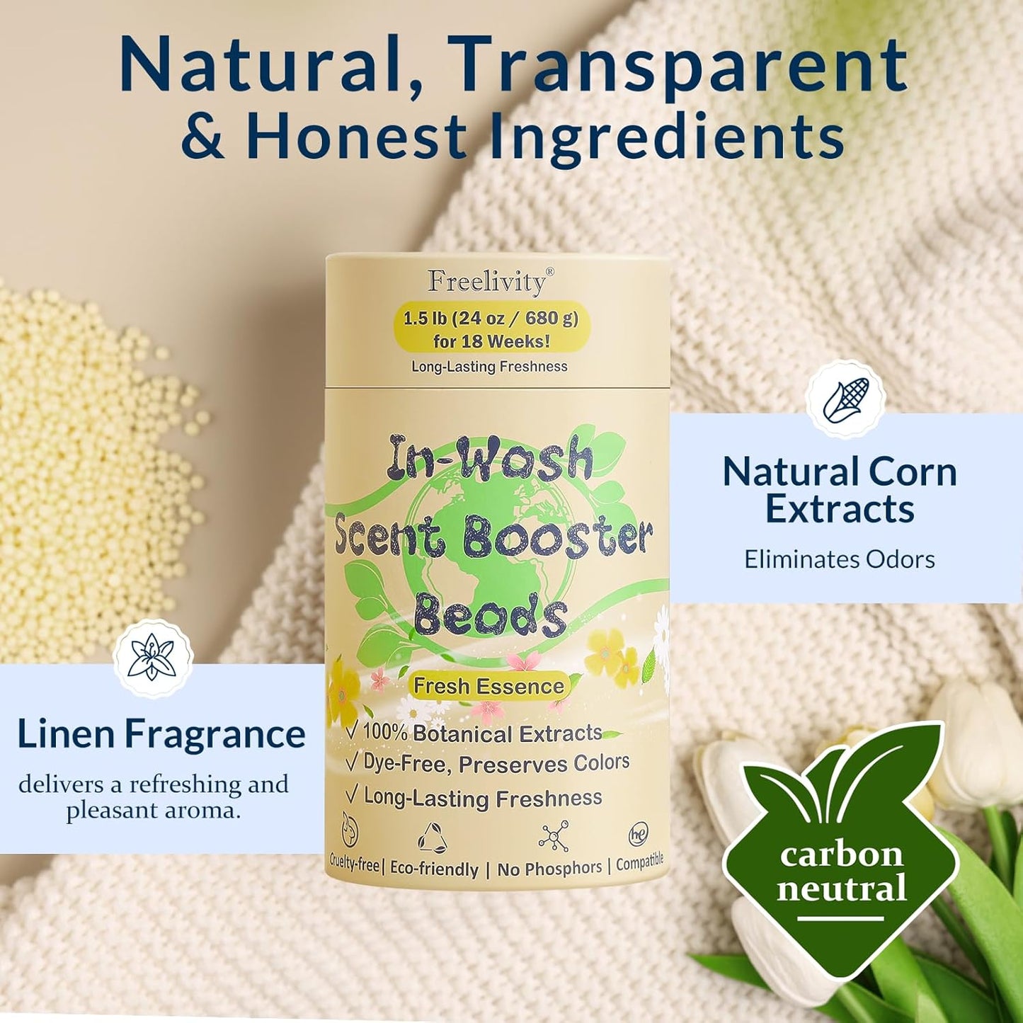 Freelivity In‑Wash Scent Booster Beads – Fresh Essence Scent, Laundry Beads fabric softener, 24 oz – Lasts Up to 70 Washing Cycles – Eco‑Friendly & Safe for Babies and Kids