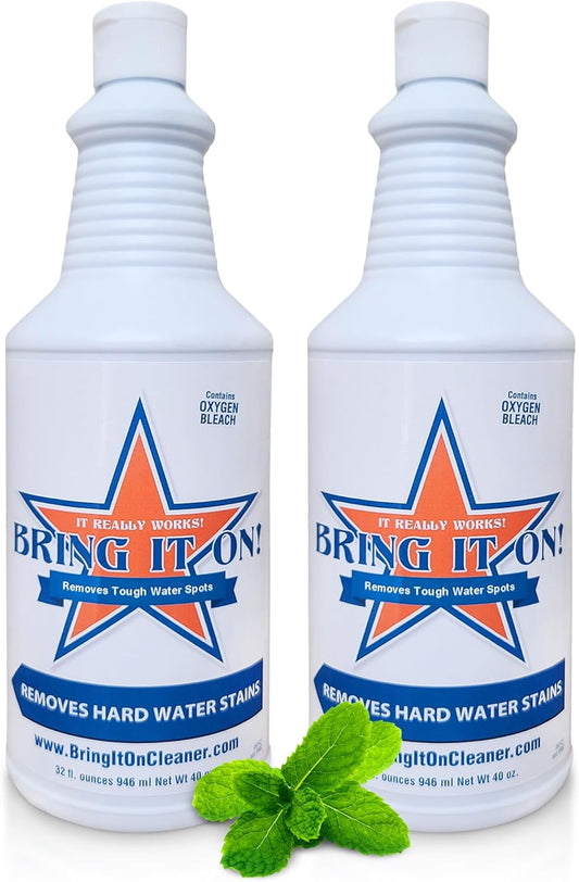 Bring It On Cleaner Hard Water Stain Remover for Glass, Soap Scum remover for Shower glass, Fiberglass, Windows, Tile & Grout, Water Spot Remover for Glass Door Bathroom, Lime Scale & Sink 32Oz 2Pack