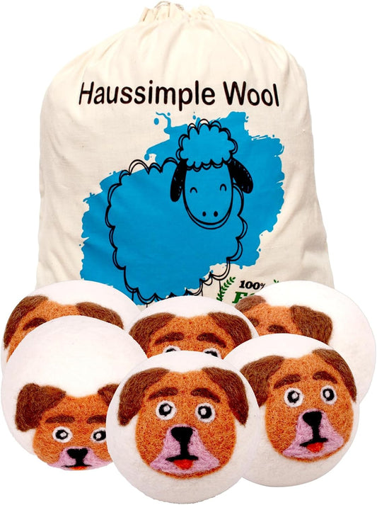 Wool Dryer Balls Organic Felt 6 Pack Laundry Fabric Softener, Extra Large Reusable Handmade Natural Sheep Wool Lint Wrinkle Free Anti Static Baby Safe (Orange Dog)