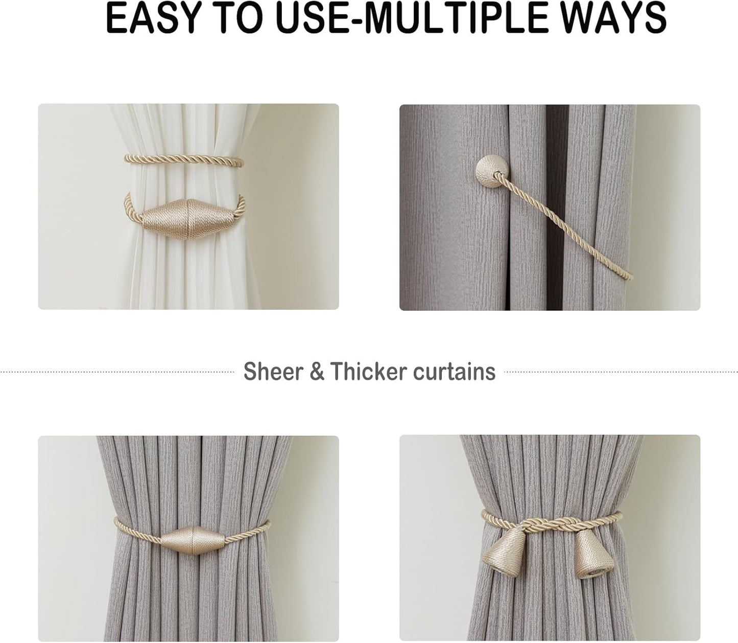 Magnetic Curtain Tiebacks 6 Pack Outdoor Rope Curtain Tie Backs Decorative Window Treatment Holdbacks for Home Decorative Curtain, Beige