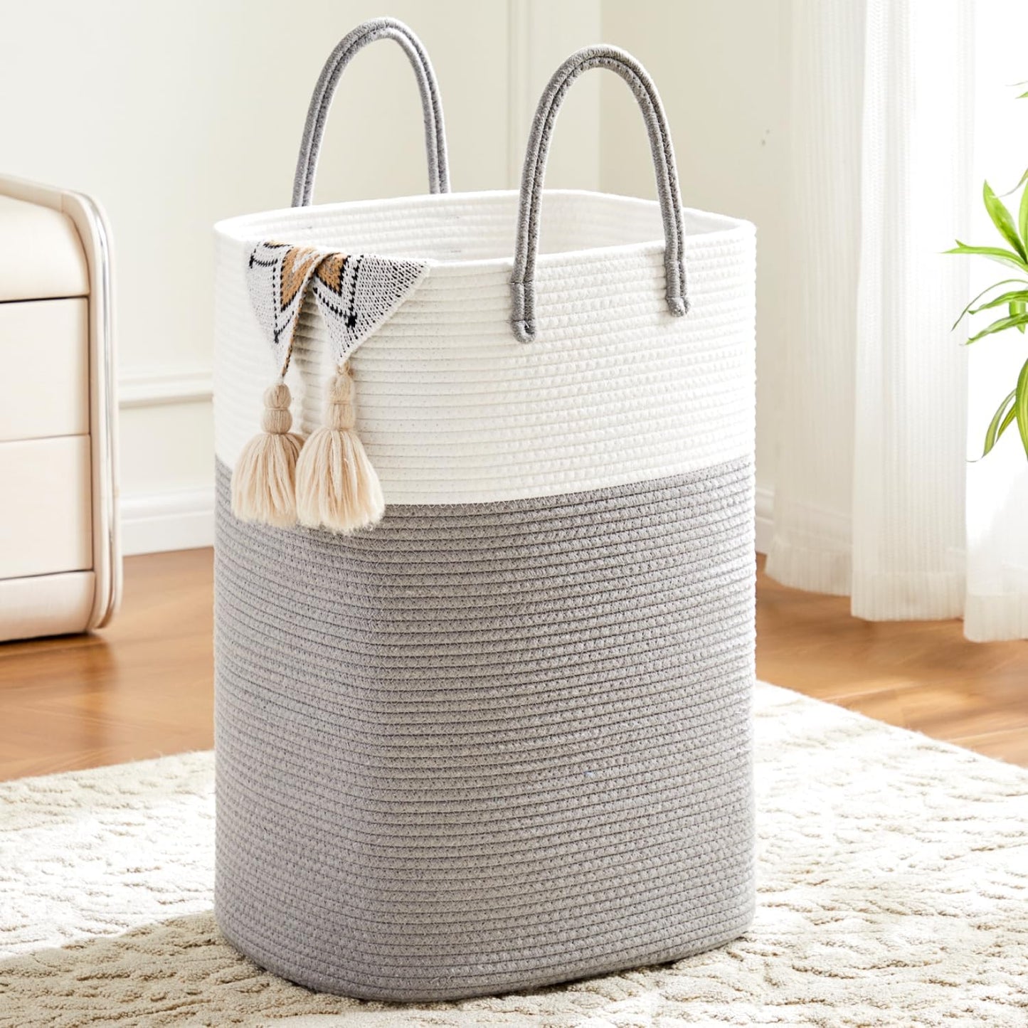 Laundry Basket,Woven Cotton Rope Laundry Hamper,Versatile Storage for Dirty Clothes,Baby Toys,and Blankets in Bathroom, Nursery,and Living Room (Grey, 40L)