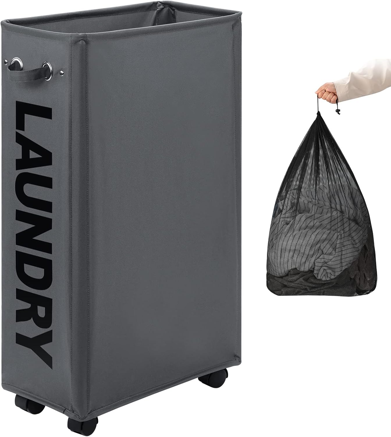 DOKEHOM 29-Inches Enlarged Slim Laundry Basket with Removable Wash Bag on Wheels, Collapsible Rolling Laundry Hamper, Foldable Narrow Corner Clothes Storage Bins (Dark Grey)