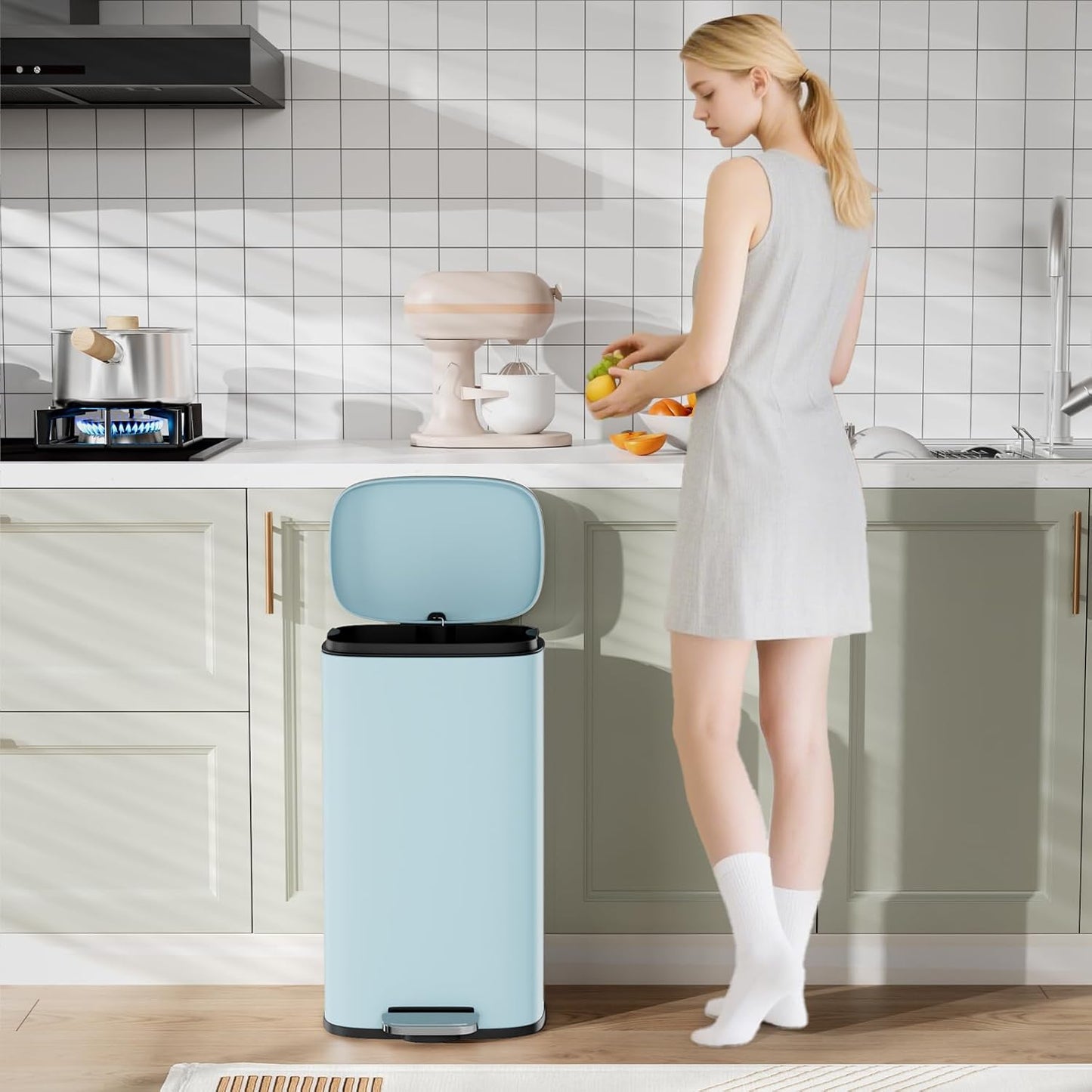 Arlopu 8/13.2 Gallon Step Trash Can, Stainless Steel Garbage Bin, Soft-Close Rubbish Bin with Removable Plastic Inner Bucket, Fingerprint-Proof, Lid Dustbin, Suit for Kitchen (Tide Pool Blue, 30L)