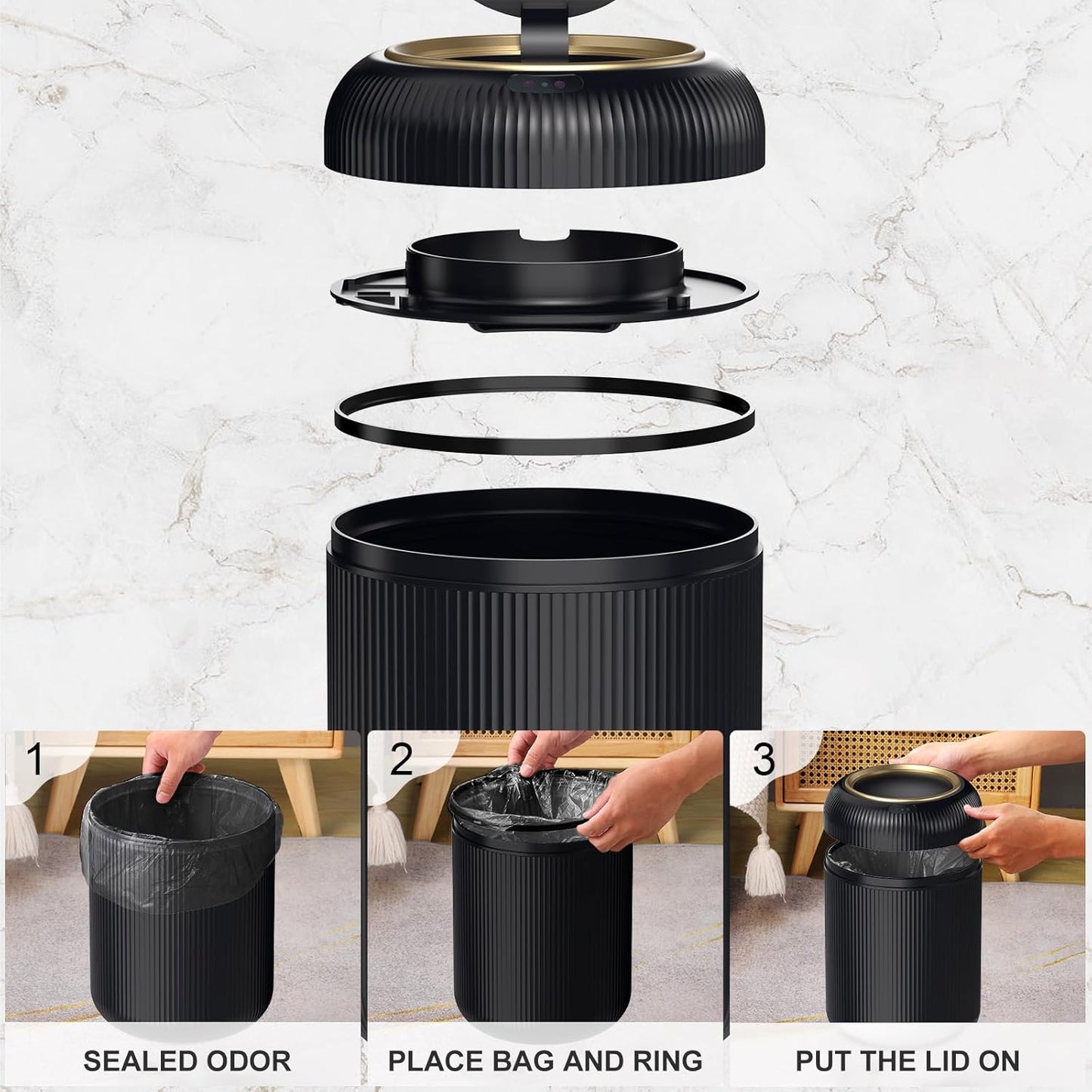 Motion Sensor Bathroom Trash Can with Lid, 3 Gallon / 11L Automatic Bathroom Garbage Can, Smart Black Garbage Can, Touchless Trash Bin, Small Waste Basket for Bedroom, Kitchen, Apartment,Office