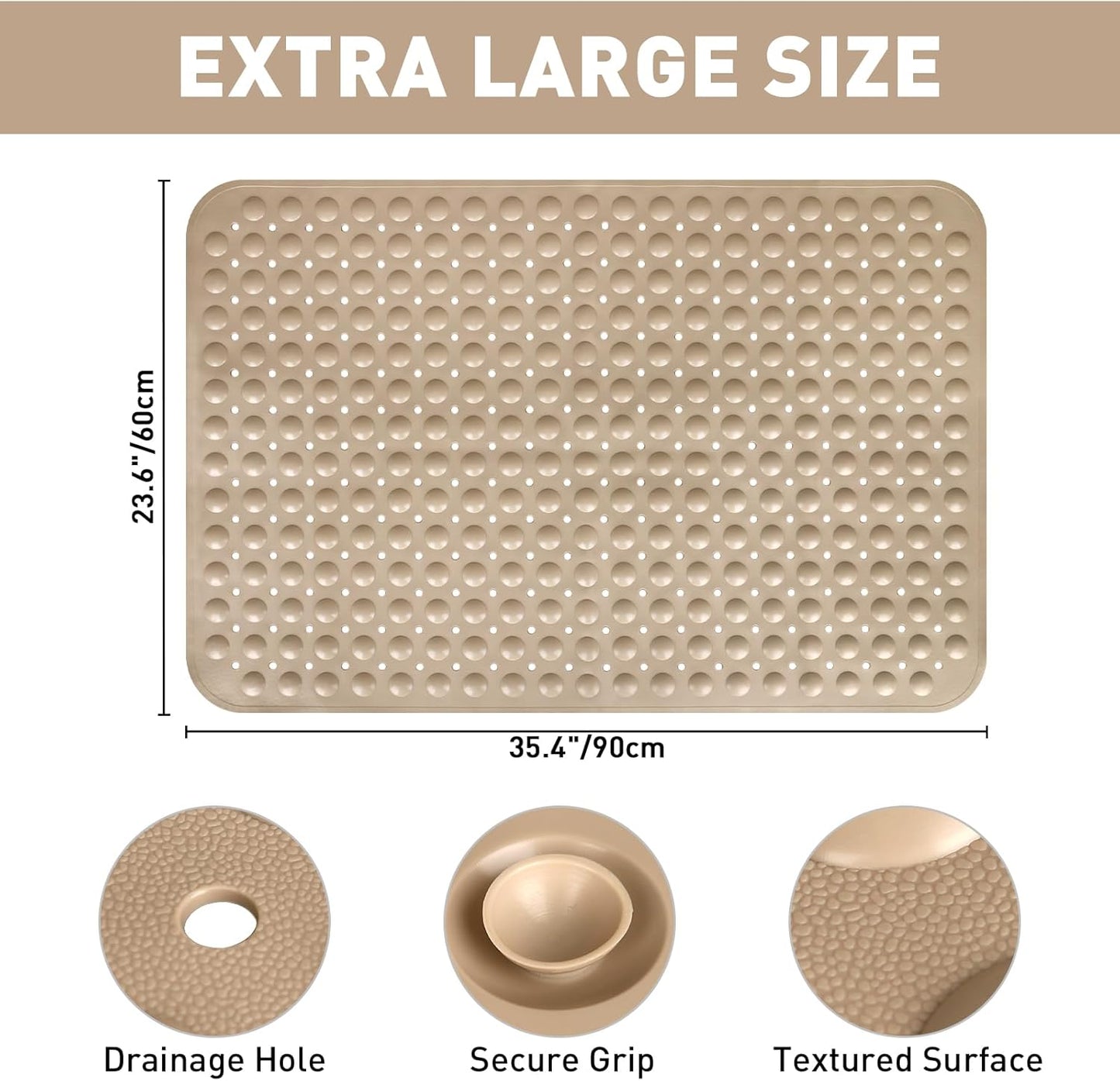 Shower Mat Non Slip: 35.4 x 23.6 Inch Extra Large TPE Shower Mats for Inside Shower - Anti Slip Shower Stall Matt with Drain Hole and Suction Cups for Elderly