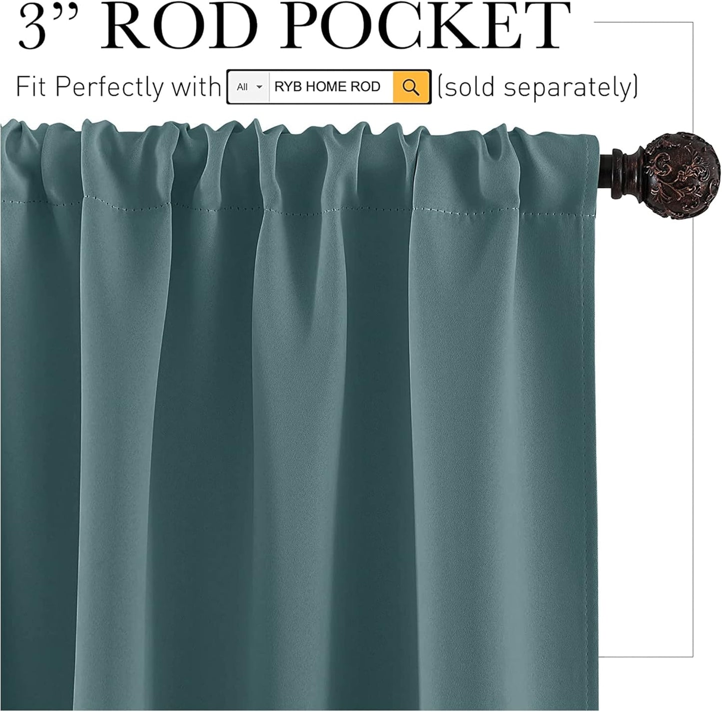 RYB HOME Blackout Curtains for Bedroom, Privecy Thermal Insulating Energy Saving Window Curtains for Bathroom Kitchen Kids Nursery, Wide 42 x Long 45, Teal Blue, 2 Panels
