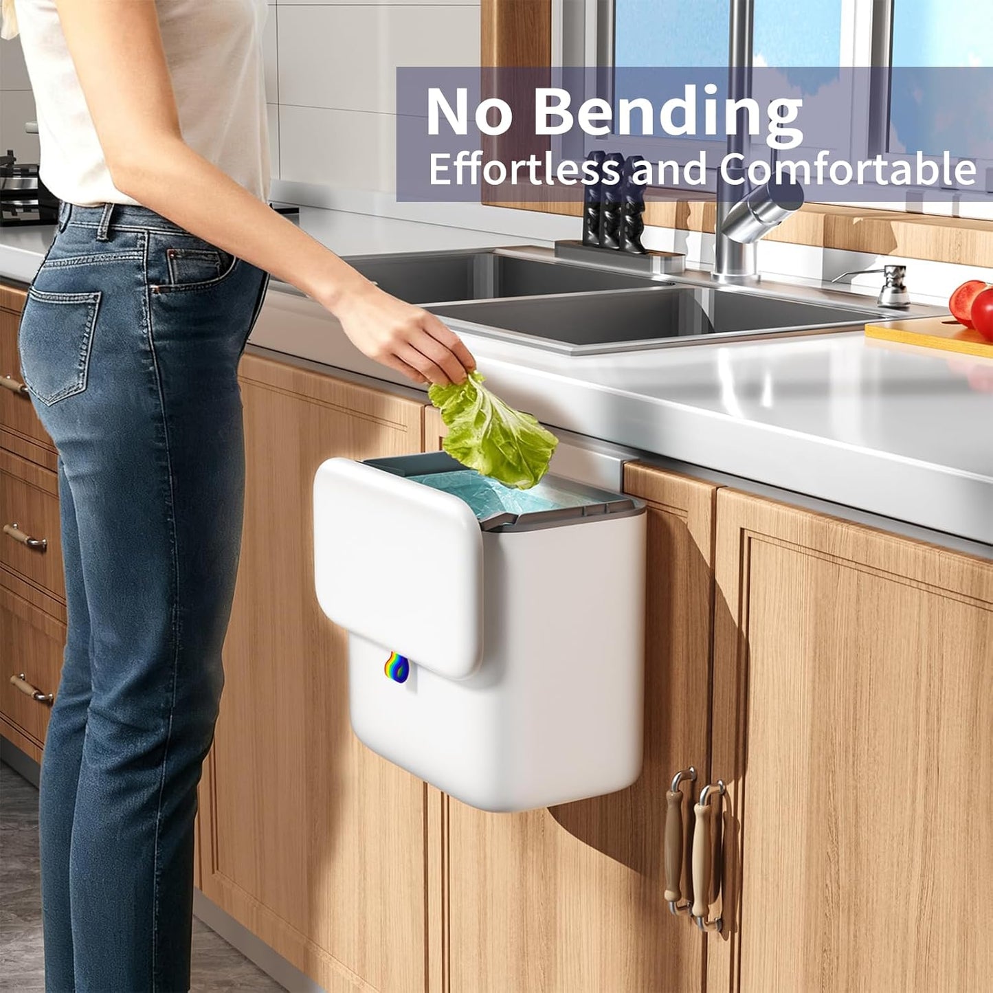 Kitchen Compost Bin with Lid - Hanging Small Trash Can for Countertop or Under Sink, 2.6 Gallon Wall Mounted Garbage Can for Cabinet Door, Indoor Food Waste Bin for Bathroom, RV, Office, White