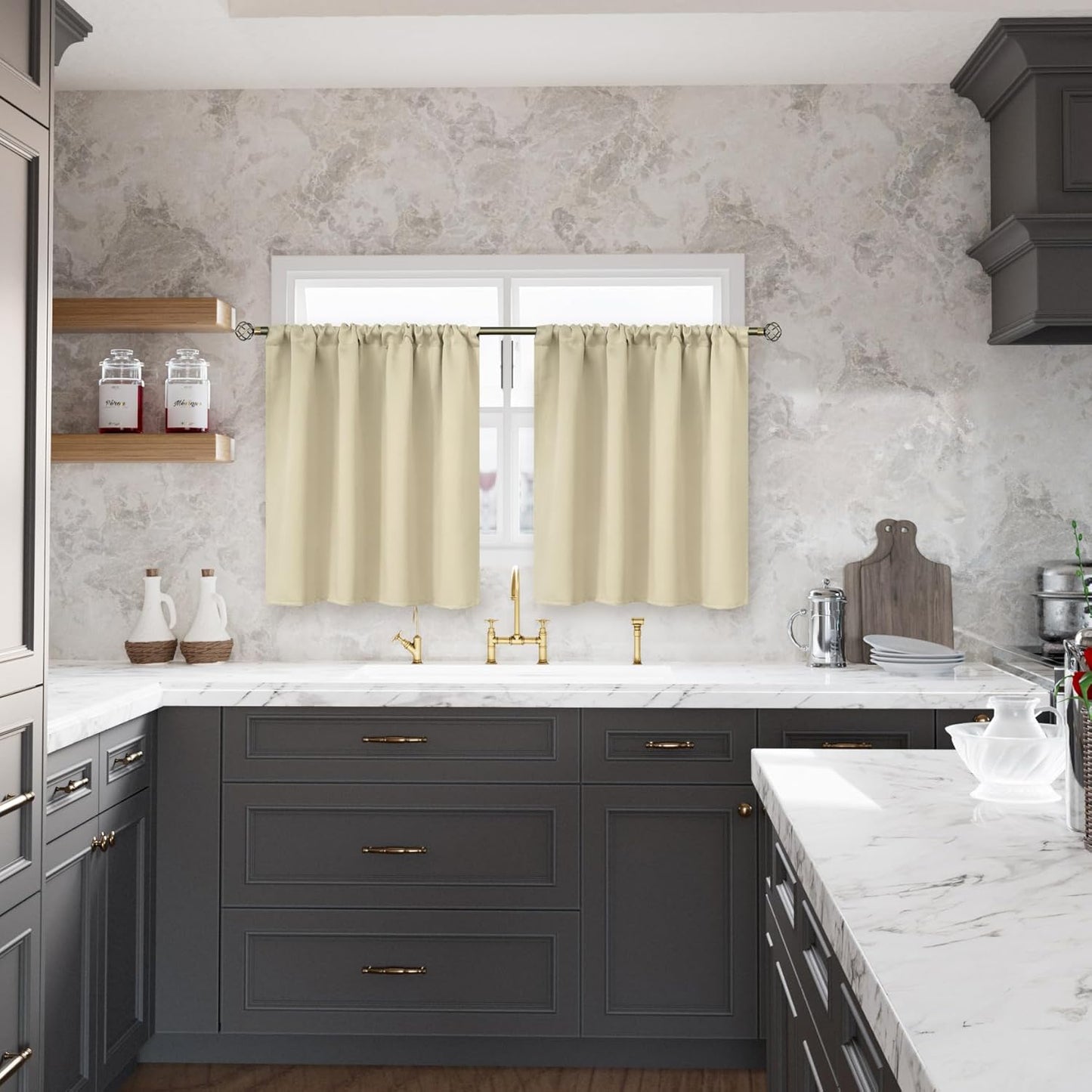 BGment Beige Blackout Curtains 36 Inches Length for Kitchen Cafe Window - Short Thermal Insulated Drapes Darkening Privacy with Rod Pocket for RV Bathroom Small Window, 2 Panels, 42 x 36 Inch