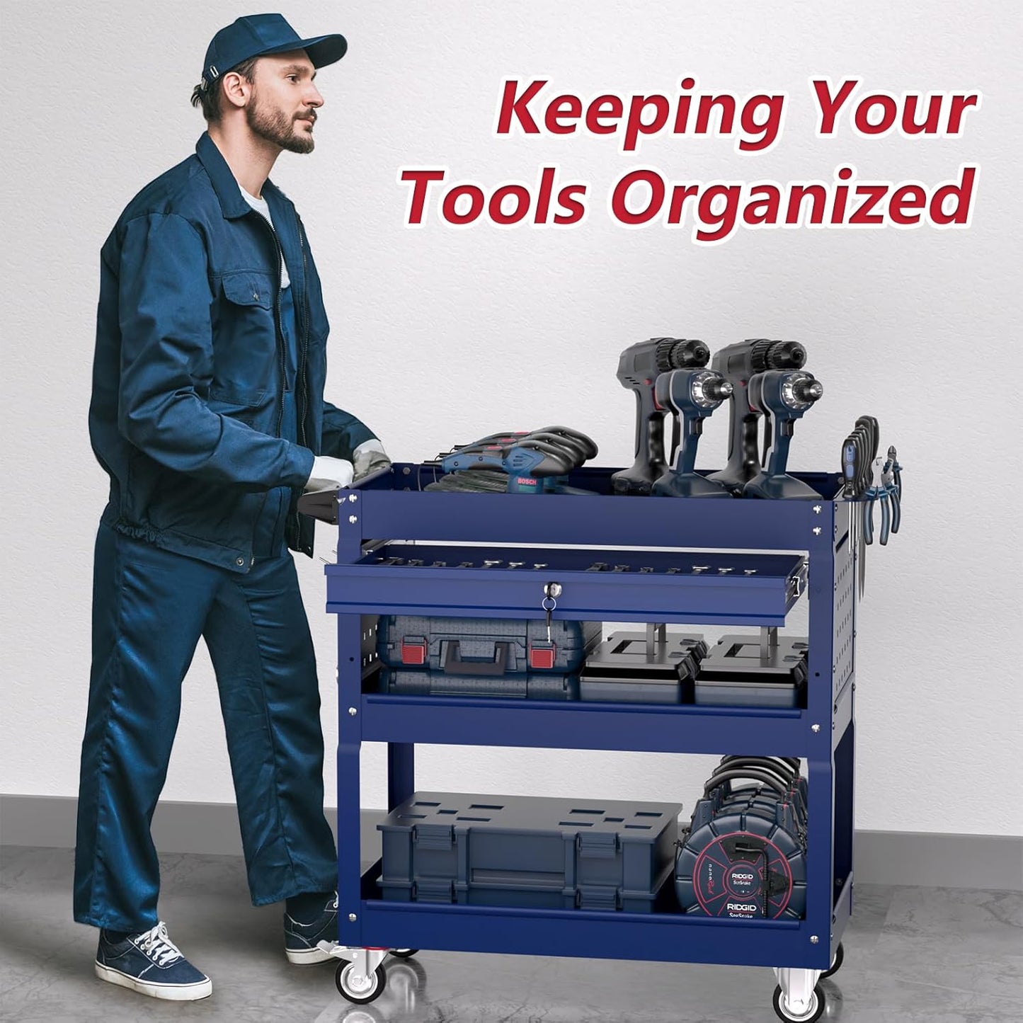 3 Tier Rolling Tool Cart on Wheels, Heavy Duty Service Cart Industrial Utility Cart with Drawer and Screwdriver Rack Pegboard, 550 LBS Mobile Tool Storage Organizer for Garage, Workshop (DARKBLUE)