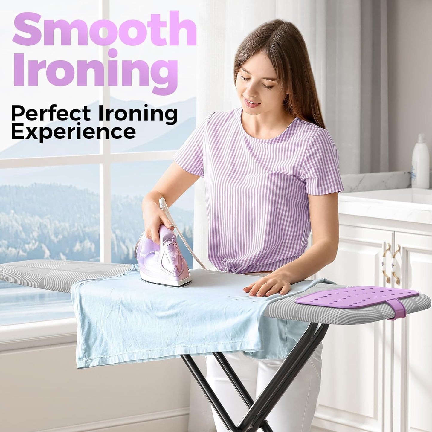 KINGBOARD Ironing Board, Compact Iron Board with Silicon Iron Mat, Heat Resistant Cover, 7 Height Adjustable, Foldable Ironing Board Wall Mount Hanger, 13x43 Grey