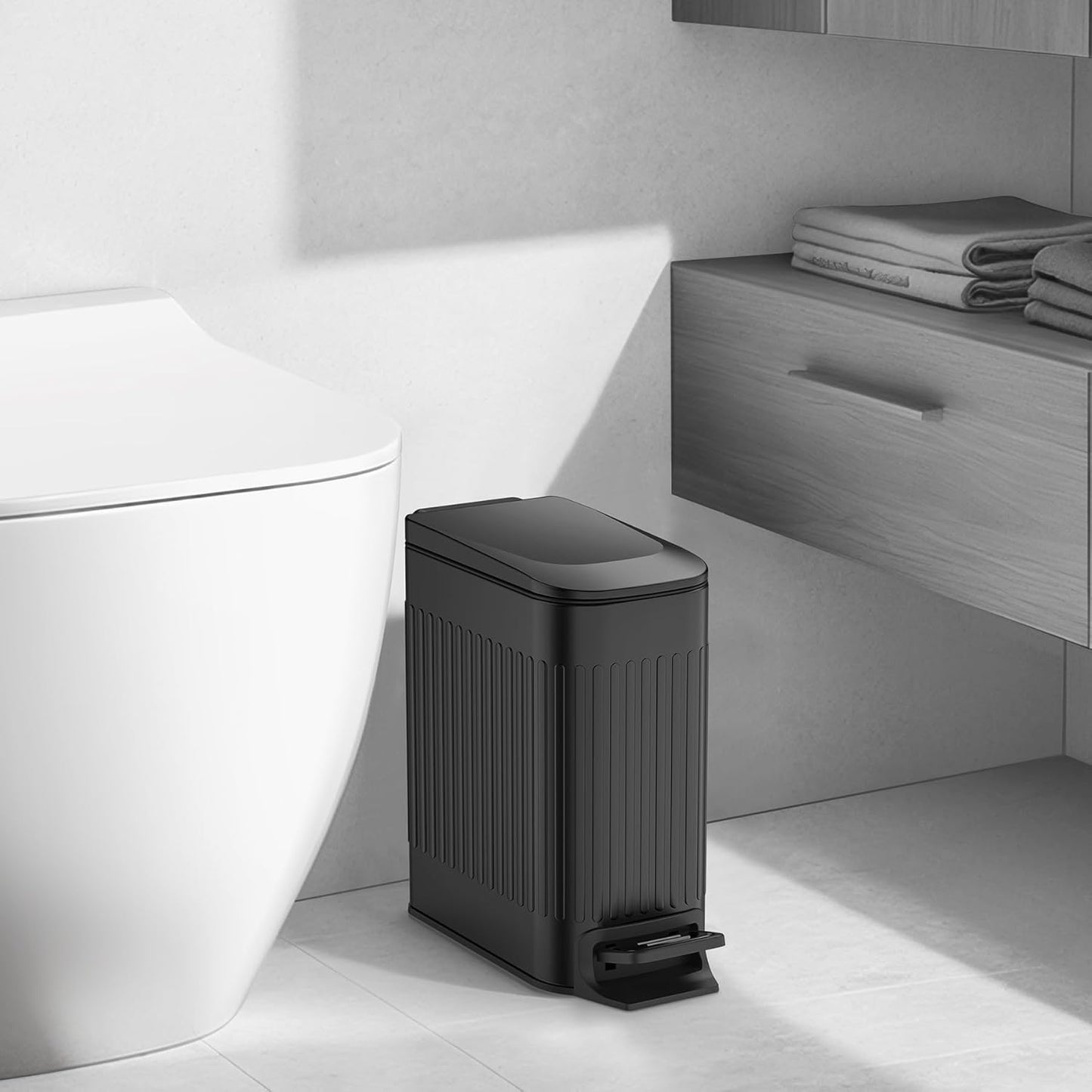 TIPGO Slim Bathroom Trash Can with Lid Soft Close, Step Pedal, 6 Liter / 1.6 Gallon Stainless Steel Trash Bin, Small Garbage Cans for Bedroom, Office, Kitchen (Black)