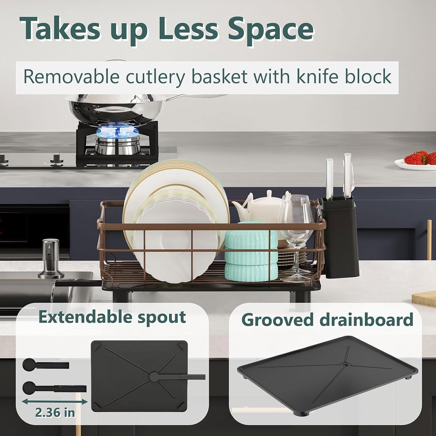 Iron Dish Drying Rack with Drainboard Dish Drainers for Kitchen Counter Extendable Spout Strainers with Utensil Holder and Knife Slots, Brown