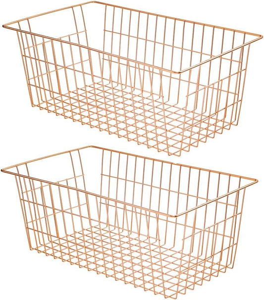 SANNO Wire Storage Basket, Farmhouse Pantre Freezer Baskets bins Metal Baskets Kitchen Storage Organizer Bin for Pantry, Shelf, Freezer, Kitchen Cabinet, Bathroom, Rose Gold