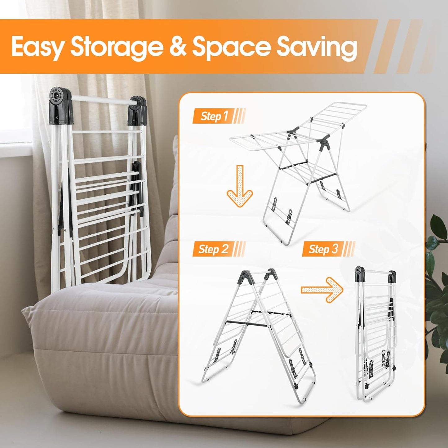 Clothes Drying Rack Foldable, Metal Laundry Drying Rack, with Height-Adjustable Wings, Space Saving, Indoor Outdoor Use, White Free-Standing Airer