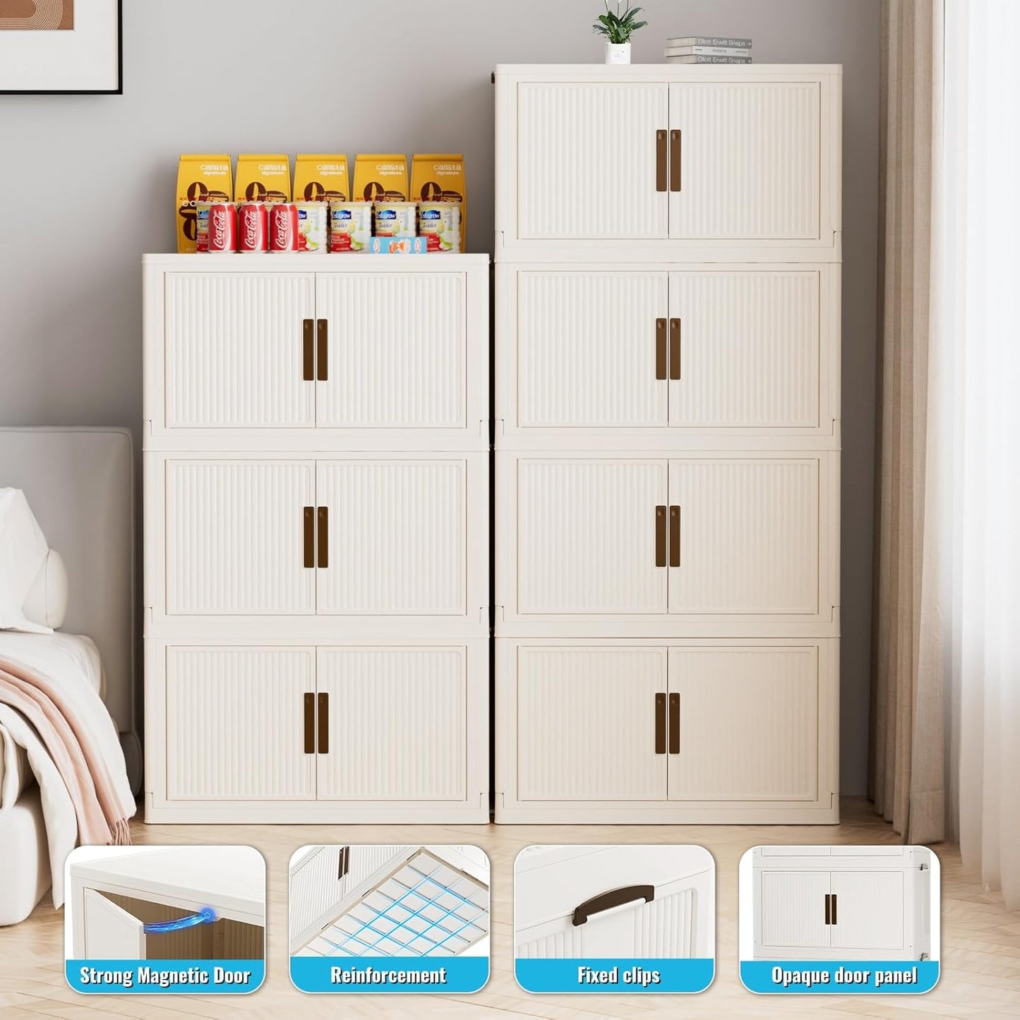 Stackable Storage Bins with Lid 44Gal/176QT Plastic Collapsible Storage Cabinet 4 Tiers Foldable clothes Organizers and Storage bins with Wheels and Doors for Home Office White