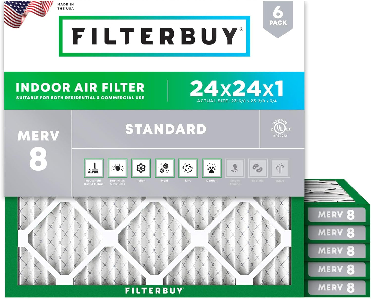 Filterbuy 24x24x1 Air Filter MERV 8 (MPR 700) Dust Defense Replacement (6-Pack), Electrostatic Pleated HVAC AC Furnace Filters, Made in USA (Actual Size: 23.38 x 23.38 x 0.75)