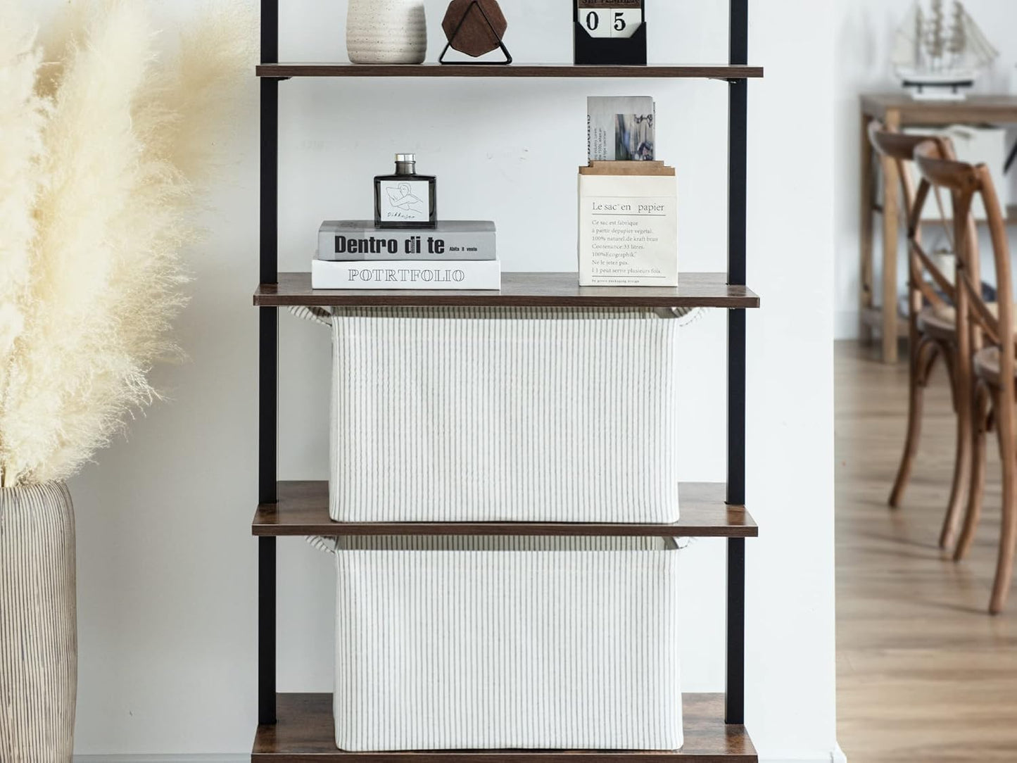 StorageWorks 45L Large Storage Bins for Closet and Shelves, Fabric Organizer Baskets with Metal Frame for Clothes, Towels, Collapsible Storage Basket, Gray and White Stripes, 2-Pack