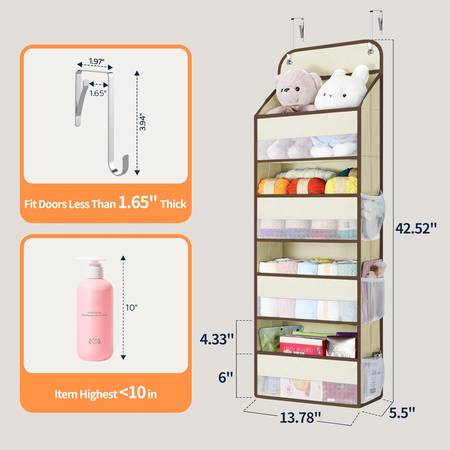 Yecaye Over The Door Organizer, Heavy Duty Hanging Organizers and Storage with 4 Large Capacity Pockets, Swing-Proof Behind The Door Storage for Bathroom Nursery Bedroom Dorm Closet, Beige