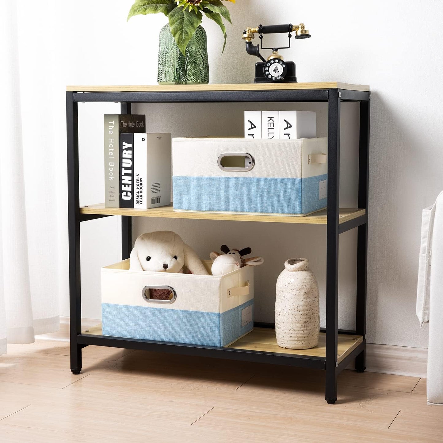 PRANDOM Large Fodable Storage Baskets for Closet [3-pack] Decorative Fabric Storage Bins Cubes with Leather/Metal Handles for Shelves Bedroom Living Room Blue&Cream (14.9x9.8x8.3 Inch)