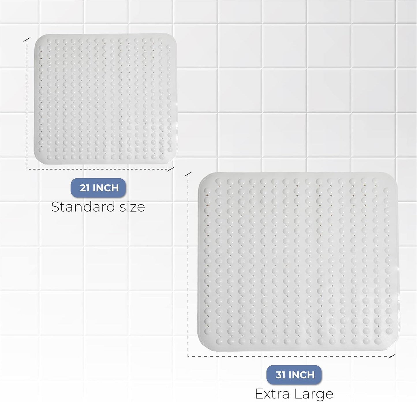 ENKOSI Extra Large Square Non Slip Shower Mat - 31 x 31-inch XL Bathroom Shower Mat - Square Shower Matts for Shower Stall Floors | Secure Suction Cups and Drain Holes (31x31 White)