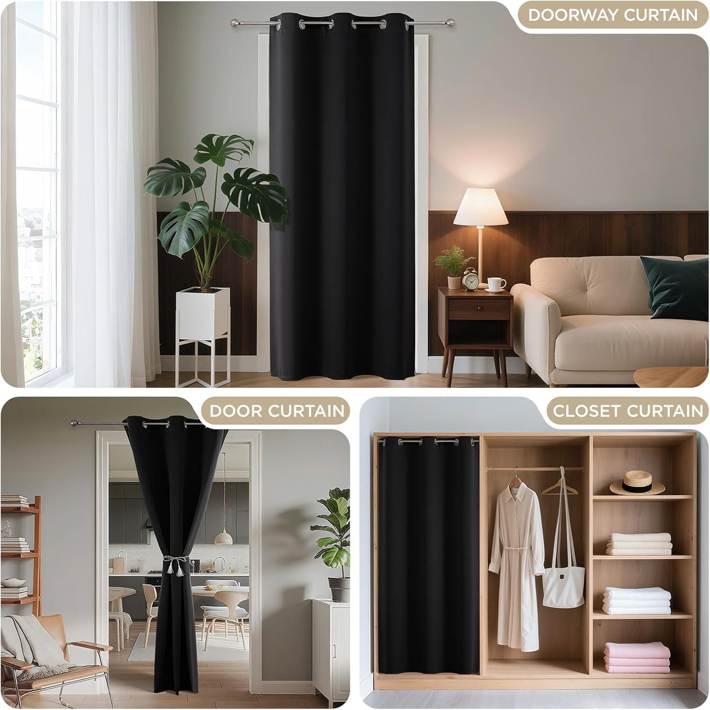 Joydeco Blackout Door Curtain for Doorway Privacy 84 Inches Long, Grommet Closet Curtain for Open Closet, Room Divider for Bedroom Living Room (Black, 52Wx84L, 1 Panel)