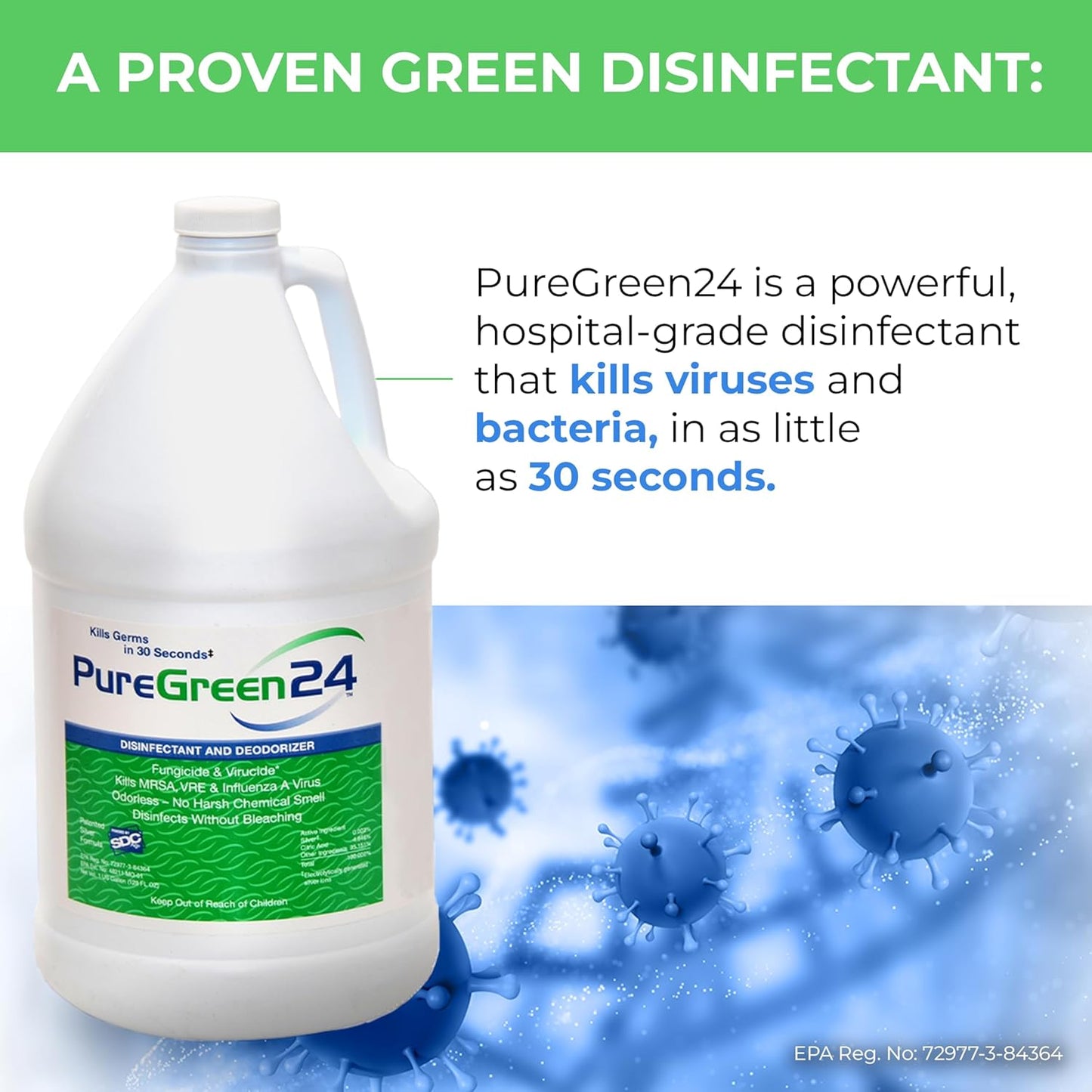 PureGreen24 Safe & Effective Disinfectant. Kills Deadly Germs including RSV COVID-19 Norovirus MRSA Staph 2025 flu Bird flu Contains no toxic chemicals odorless child & pet safe 1 32oz