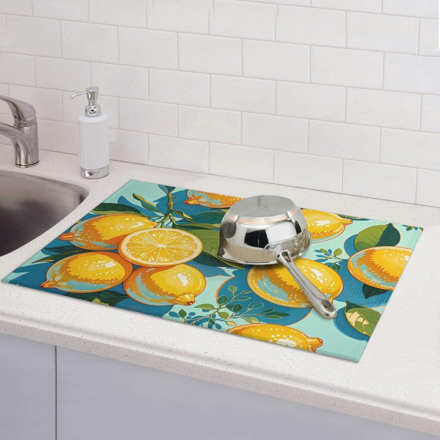 lemon Dish Drying Mat Highly Absorbent Double-Sided Microfiber with Hanging Loop Reversible Drain Dish Rack Mat Drain Mat Suitable for Kitchen Countertop Coffee Bar 18 x 24 Inch