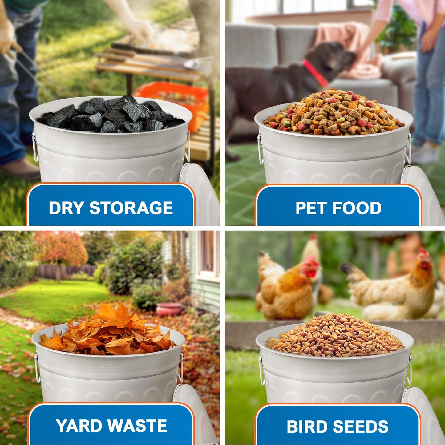 Plexon Round Trash Can 13 Gallon, Vintage Metal Outdoor Trash Can with Lid, Retro Farmhouse Garbage Container, Old School Modern Ash Bucket, Beige 3 Pack