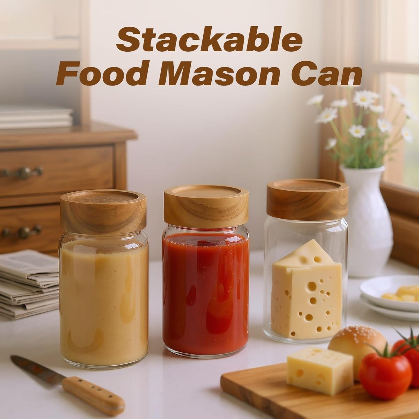 6-Pack 10 oz Airtight Food-Grade Glass Mason Jars with Acacia Wood Lids - Sealable, Waterproof & Stackable Canister Set for Overnight Oats, Dry Goods, Baking Supplies & Pantry Organization