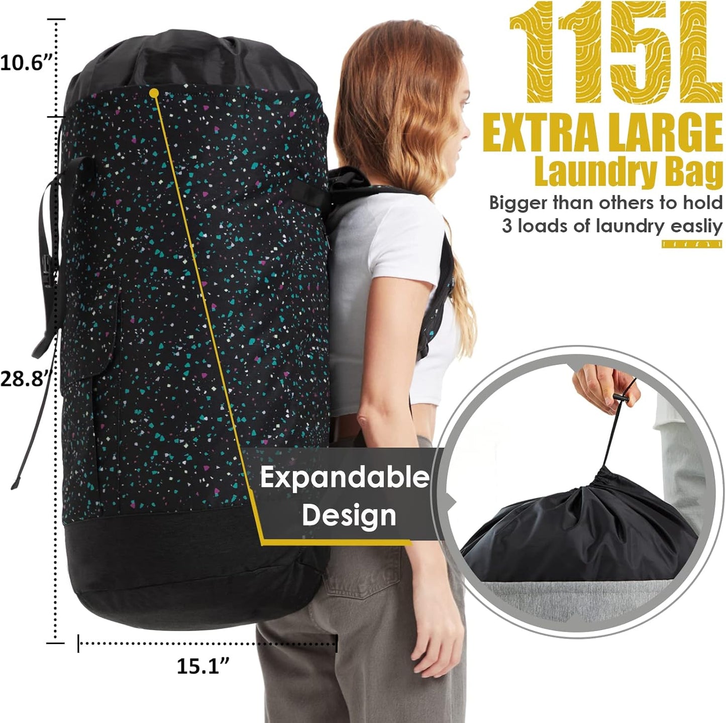 College Laundry Bag, 115L Extra Large Laundry Backpack with Shoulder Straps, Heavy Duty Backpack Laundry Bag, Large Laundromat Bag, Dorm Laundry Bags for Travel, Laundromat, Apartment, Beach, Camping