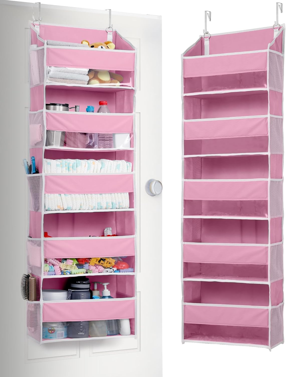 ULG 1 Pack Over Door Organizer with 5 Large Pockets 10 Mesh Side Pockets, 44 lbs Weight Capacity Hanging Storage Organizer with Clear Window Kids Toys, Shoes, Diapers, Pink